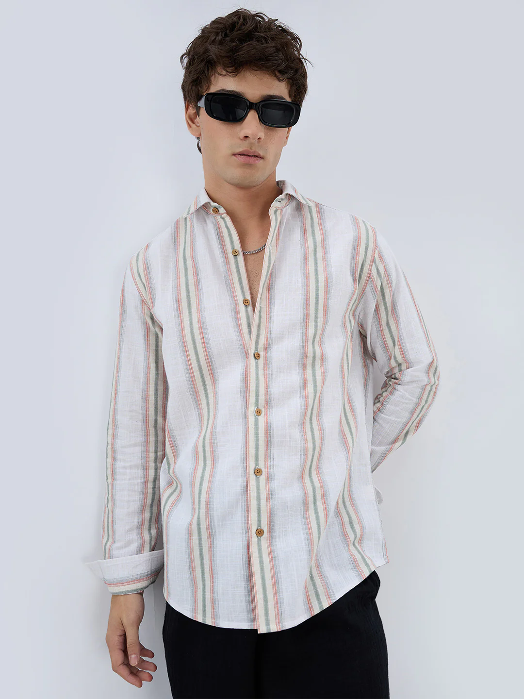 Olive Multi Striped Slub Textured Shirt - Image 4