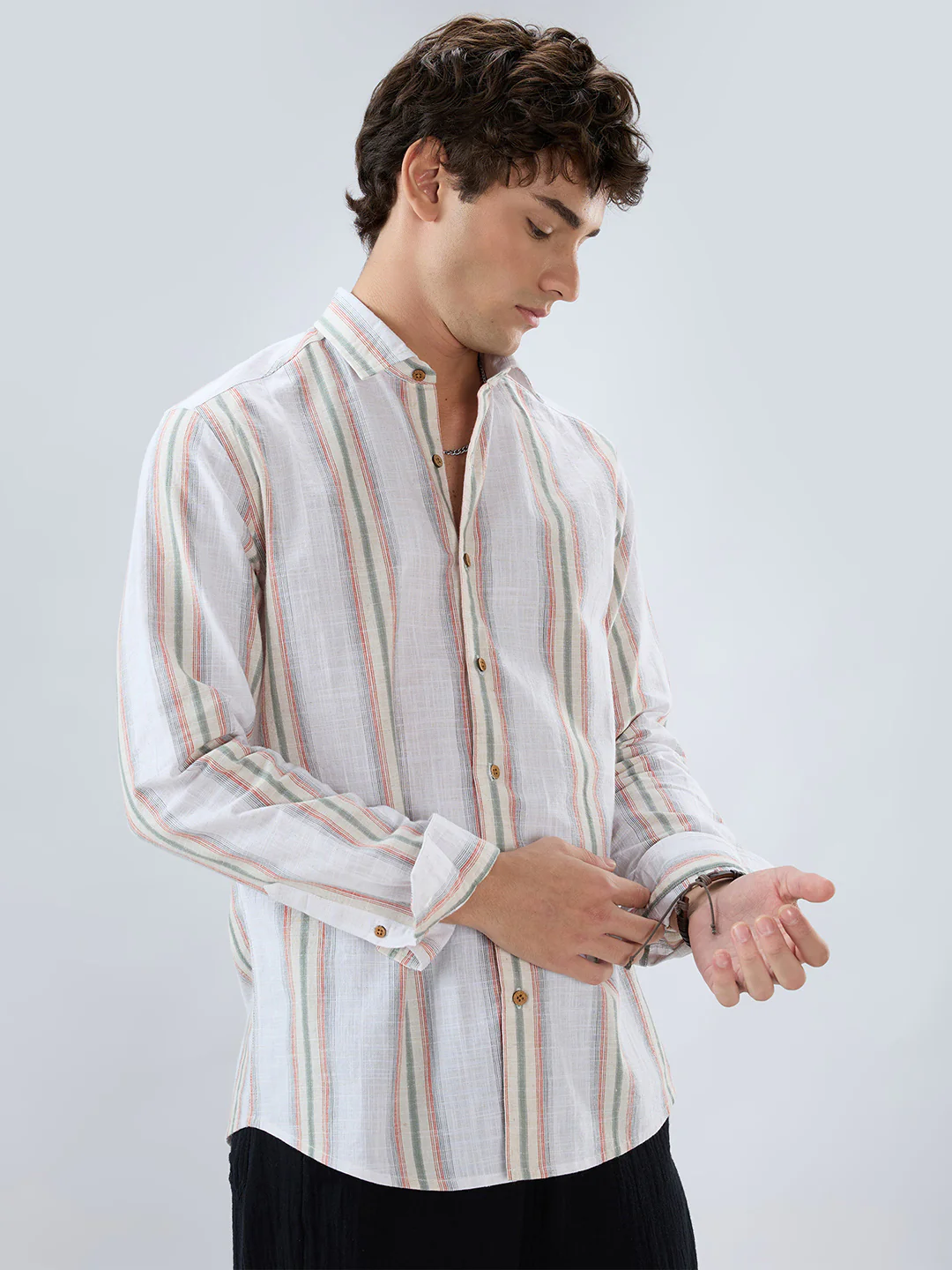 Olive Multi Striped Slub Textured Shirt - Image 5