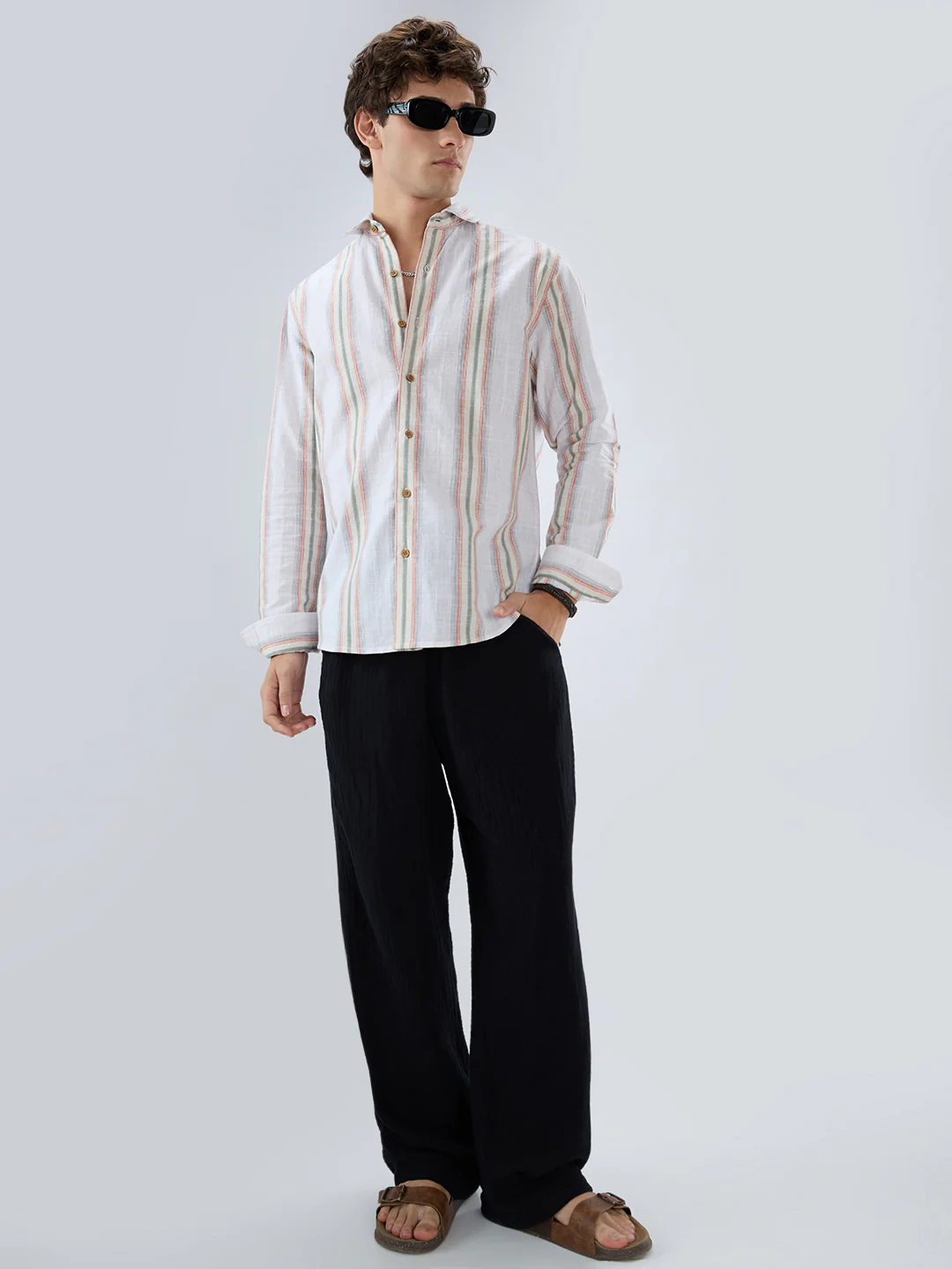 Olive Multi Striped Slub Textured Shirt - Image 8