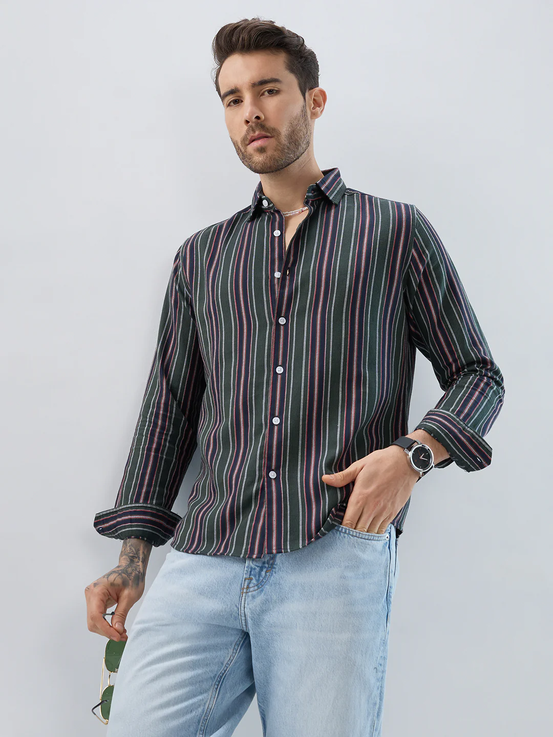 Premium Cotton Olive & Navy Balanced Striped Shirt - Image 2