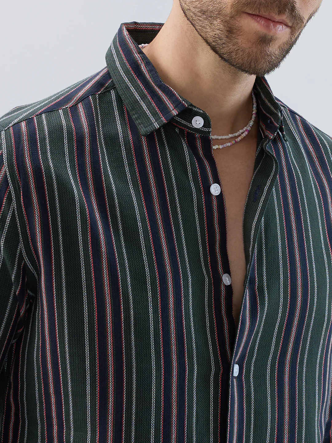 Premium Cotton Olive & Navy Balanced Striped Shirt - Image 3
