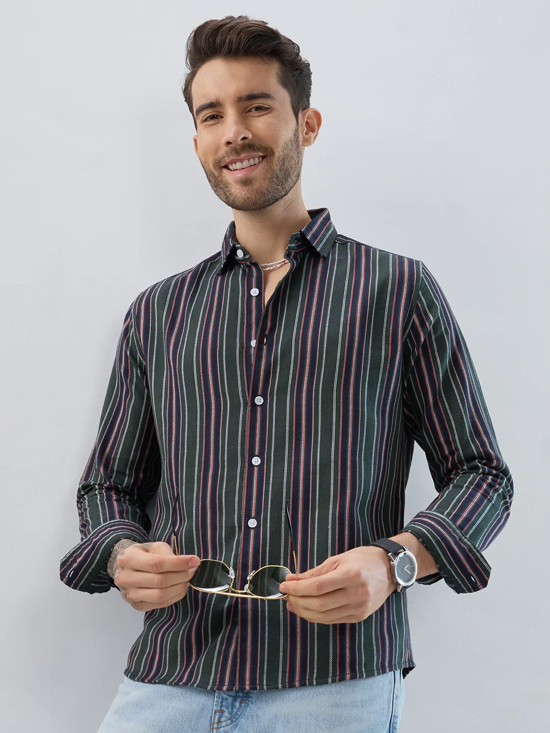 Premium Cotton Olive & Navy Balanced Striped Shirt - Image 4