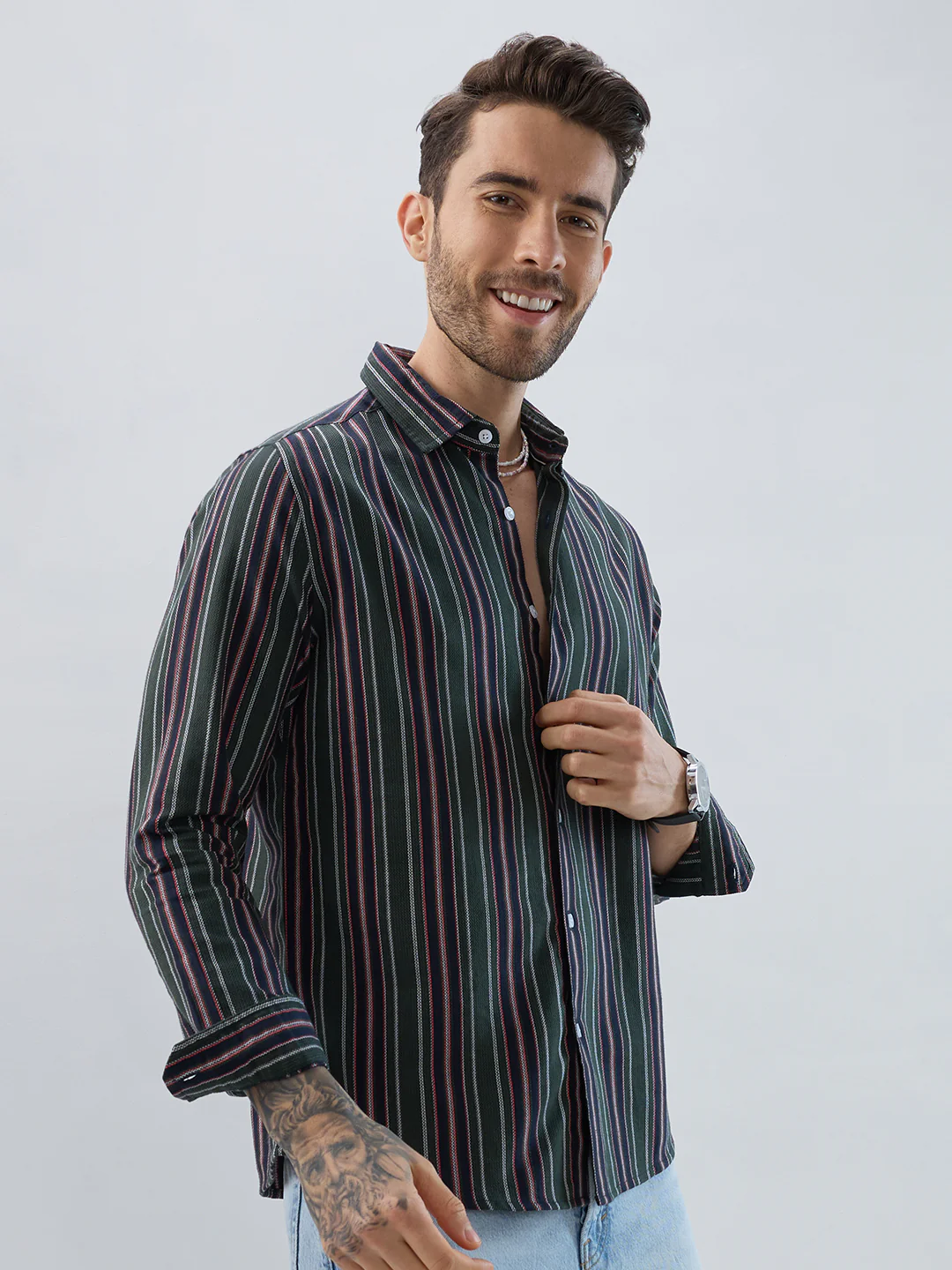 Premium Cotton Olive & Navy Balanced Striped Shirt - Image 5