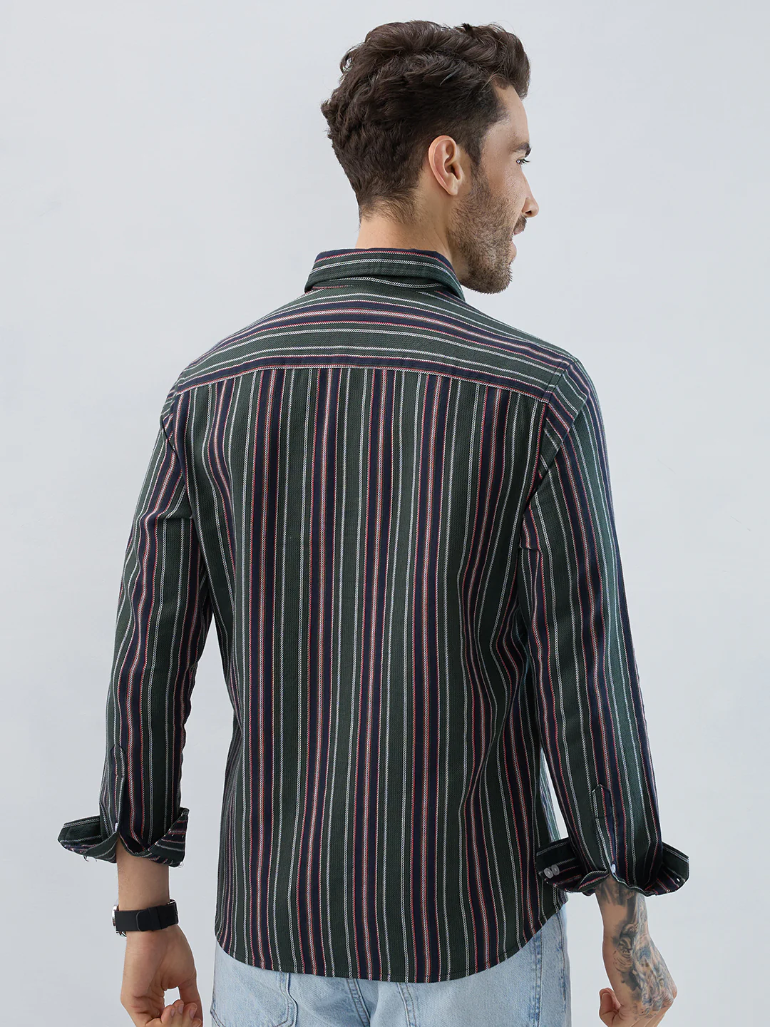 Premium Cotton Olive & Navy Balanced Striped Shirt - Image 6