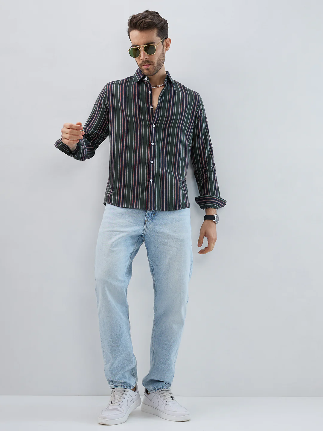 Premium Cotton Olive & Navy Balanced Striped Shirt - Image 7