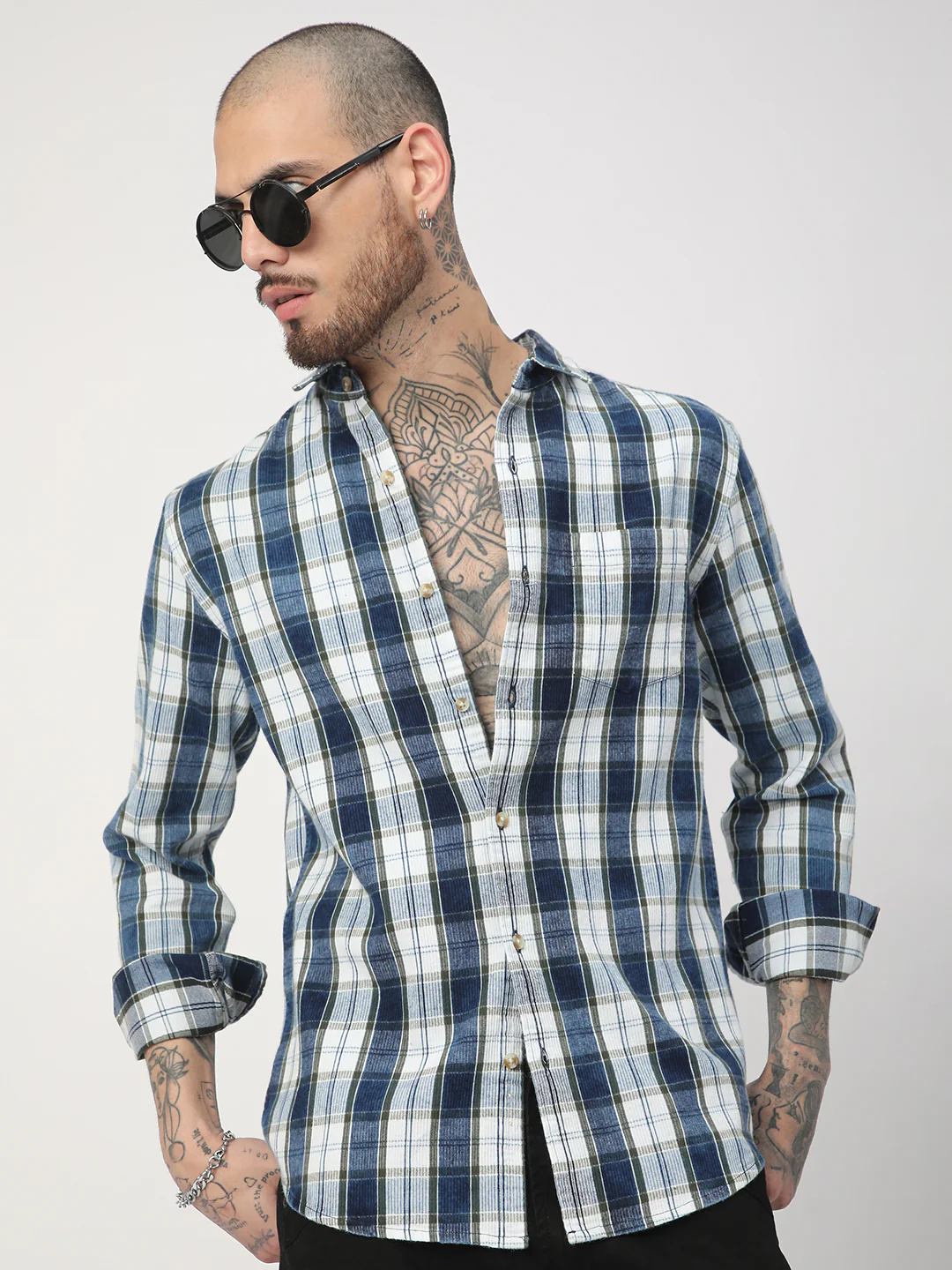 Denim Olive & Navy Plaid Checks Shirt - Image 2