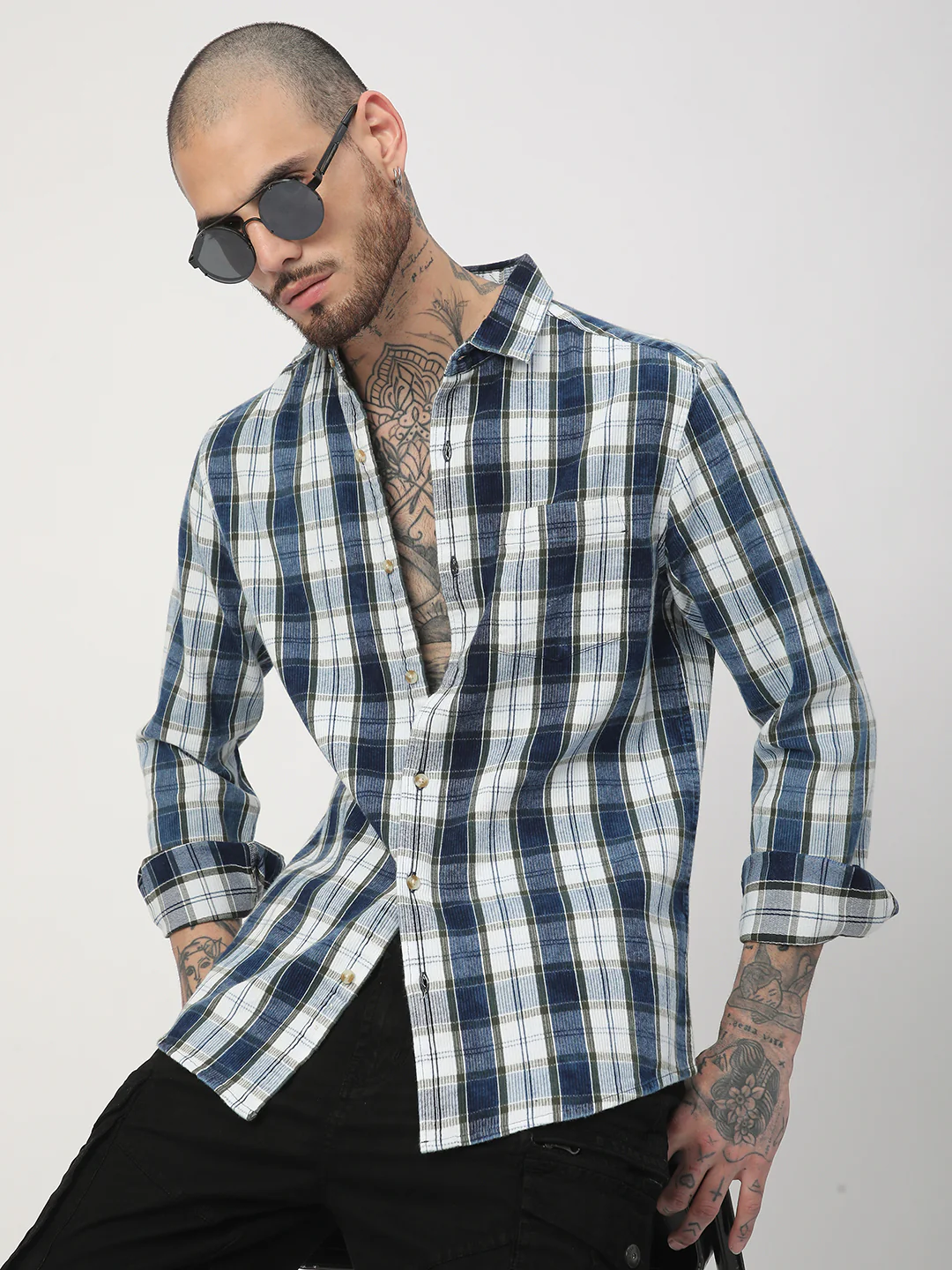 Denim Olive & Navy Plaid Checks Shirt - Image 4