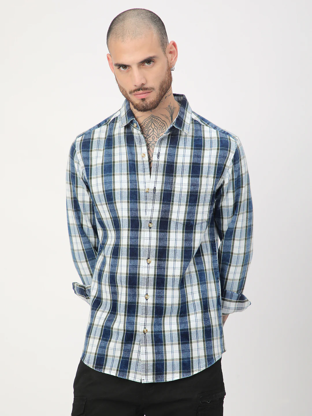 Denim Olive & Navy Plaid Checks Shirt - Image 5