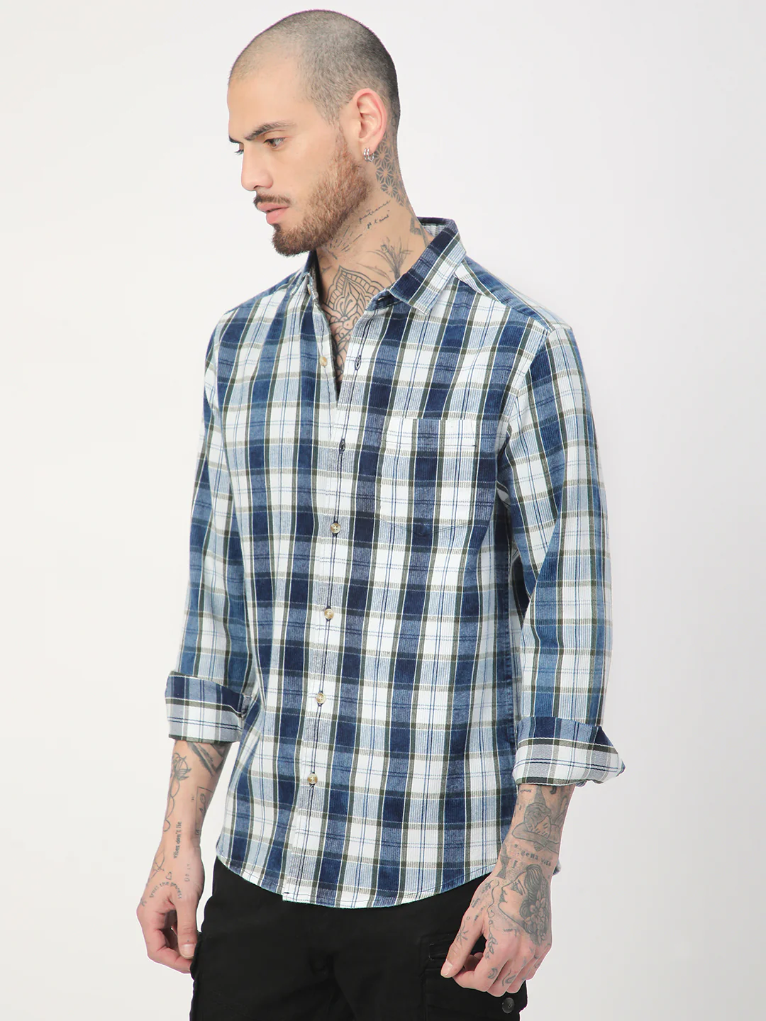 Denim Olive & Navy Plaid Checks Shirt - Image 6