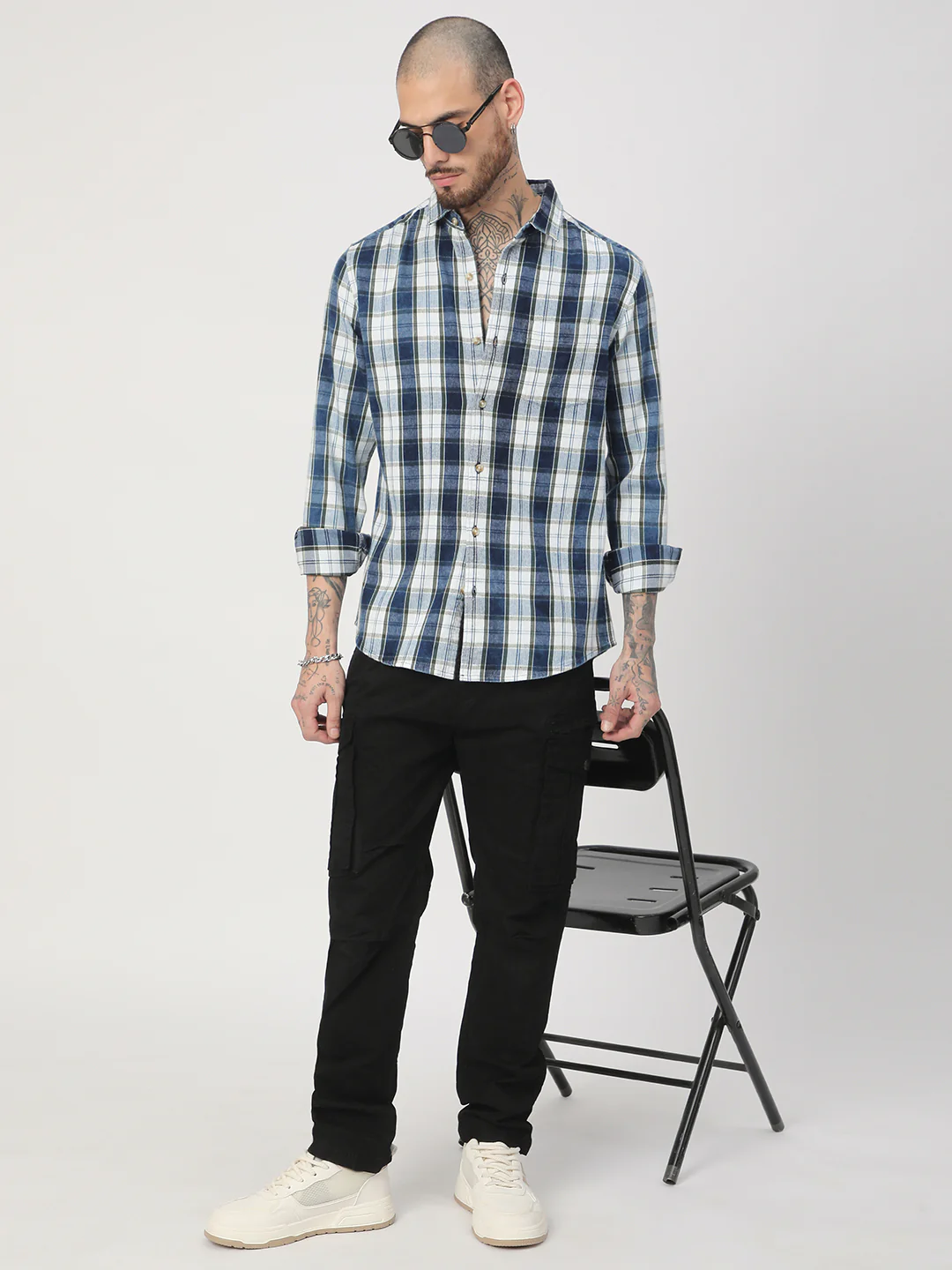 Denim Olive & Navy Plaid Checks Shirt - Image 8