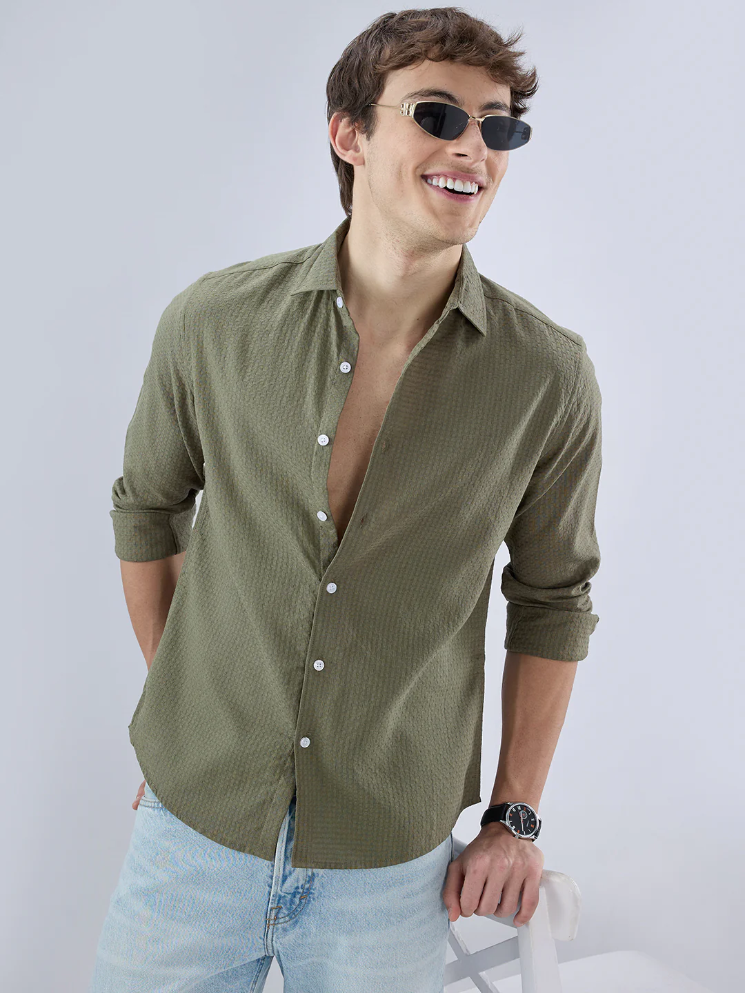 Olive Open Weave Refined Textured Checks Shirt - Image 2