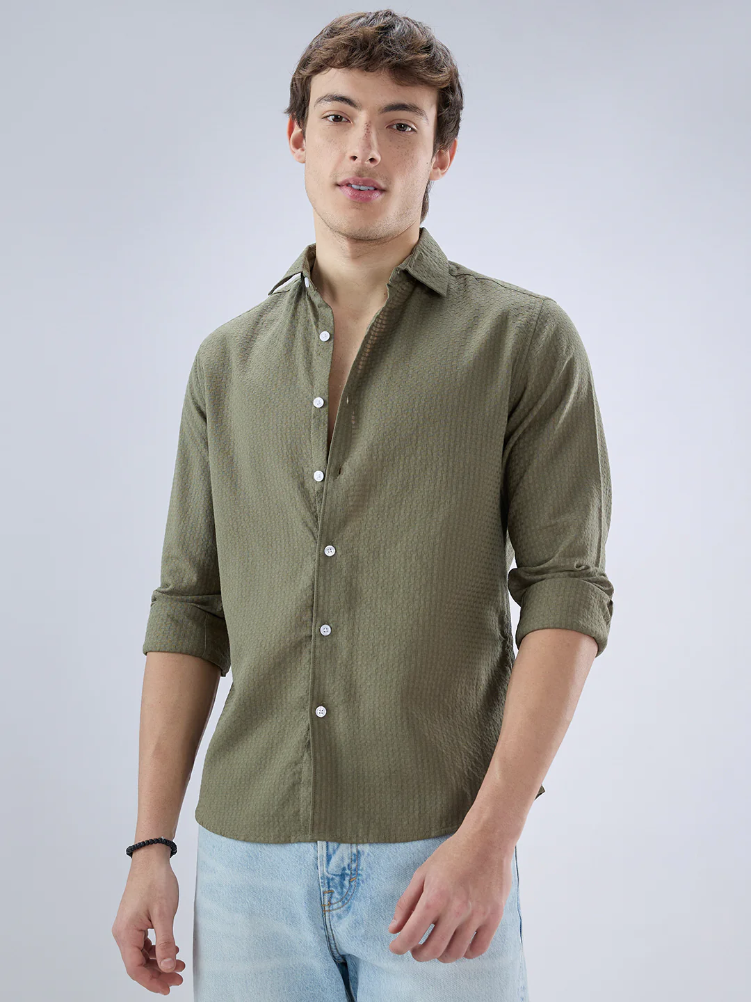 Olive Open Weave Refined Textured Checks Shirt - Image 5