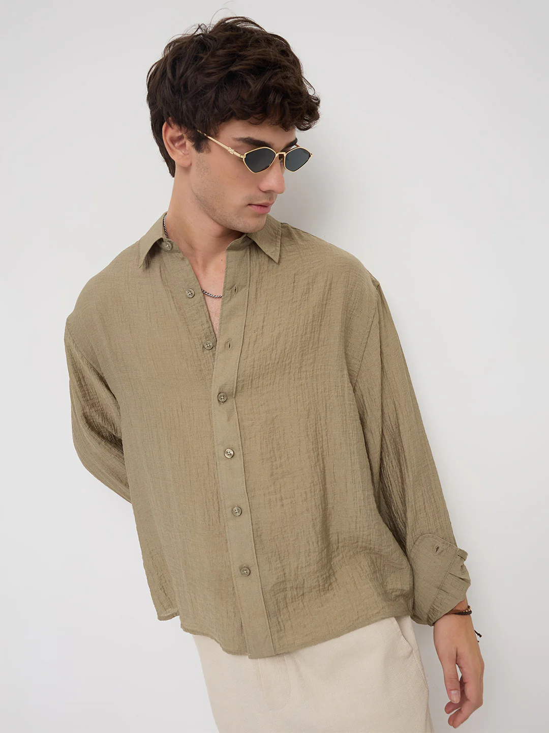 Olive Sheer Crinkled Boxy Fit Crop Shirt - Image 2