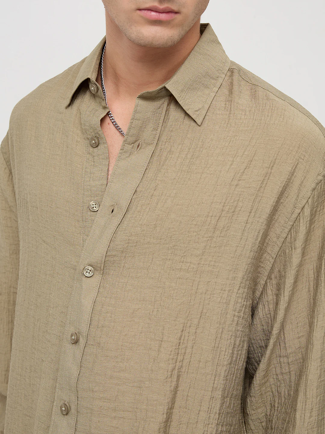 Olive Sheer Crinkled Boxy Fit Crop Shirt - Image 3