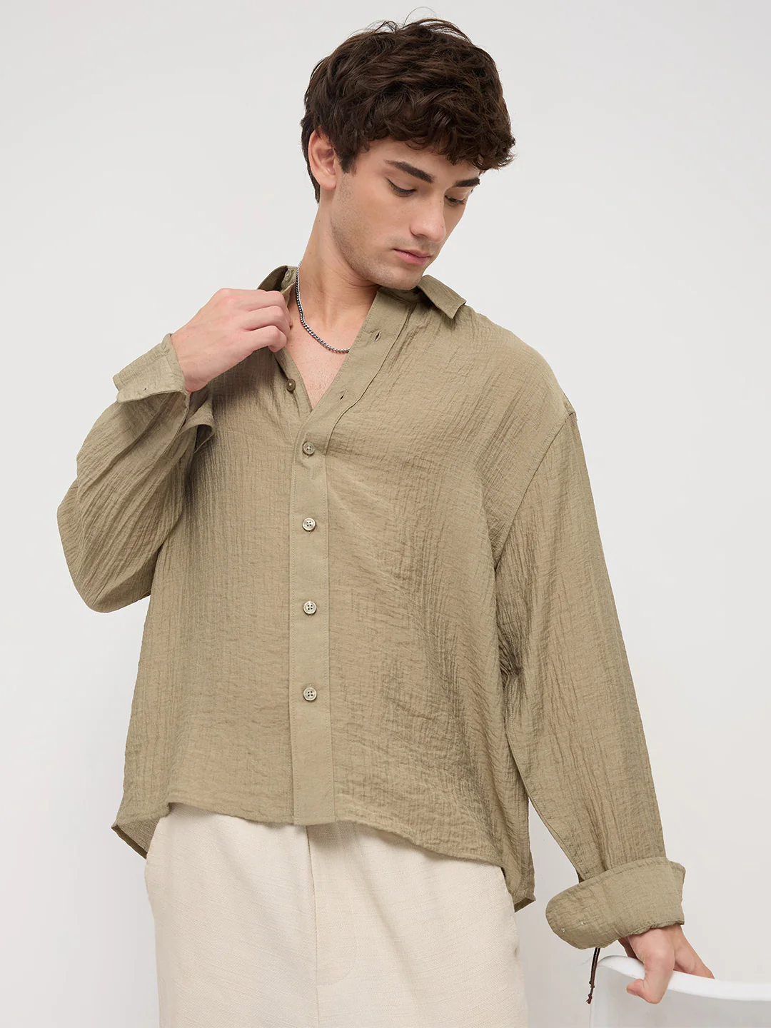 Olive Sheer Crinkled Boxy Fit Crop Shirt - Image 4