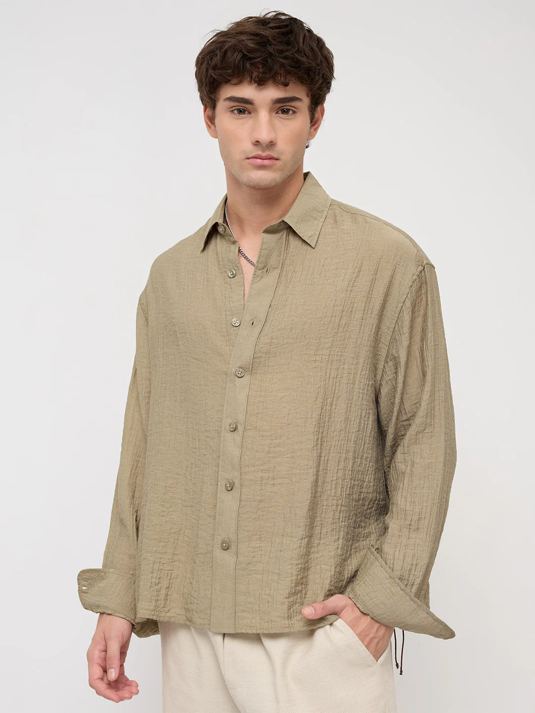 Olive Sheer Crinkled Boxy Fit Crop Shirt - Image 5