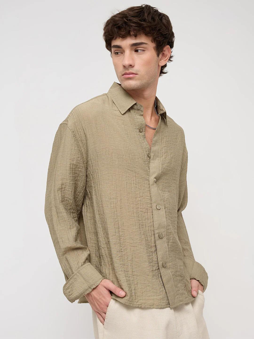 Olive Sheer Crinkled Boxy Fit Crop Shirt - Image 6