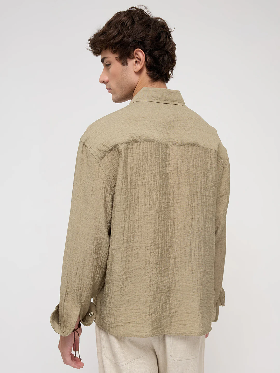 Olive Sheer Crinkled Boxy Fit Crop Shirt - Image 7