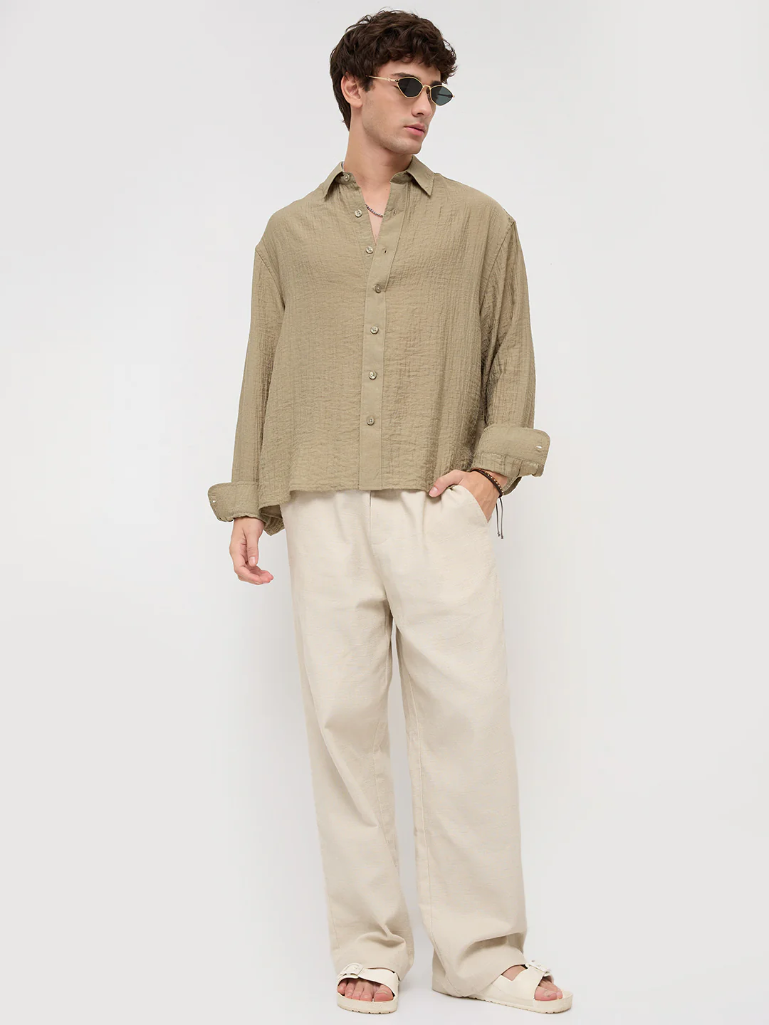 Olive Sheer Crinkled Boxy Fit Crop Shirt - Image 8