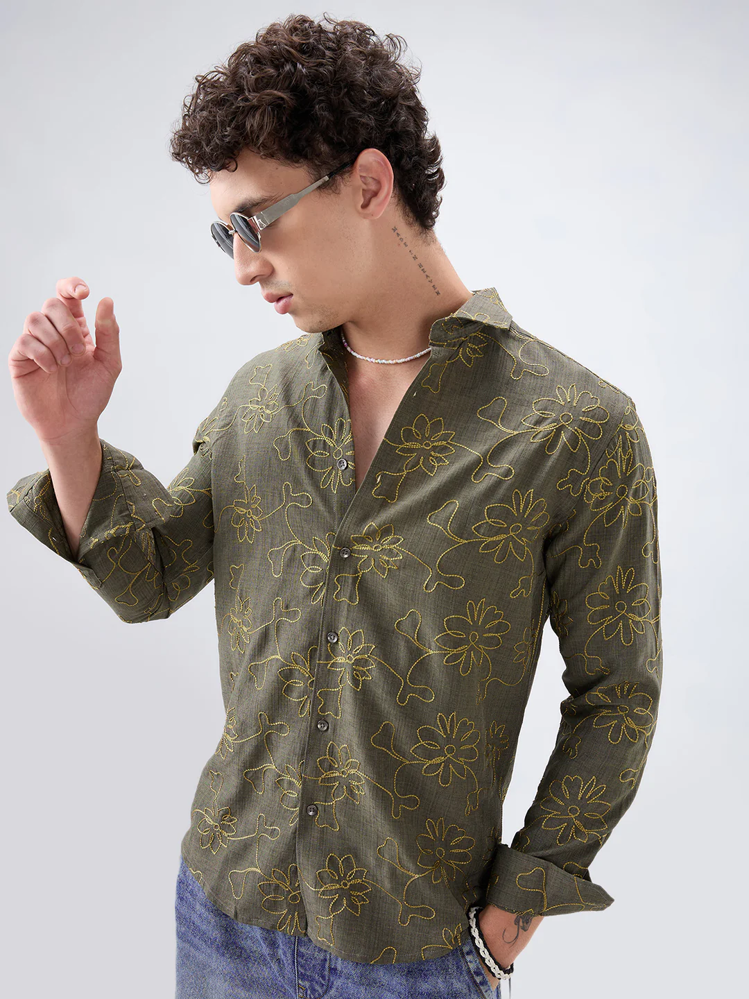 Olive Slub Textured Floral Contrast Embroidered Shirt - Image 2