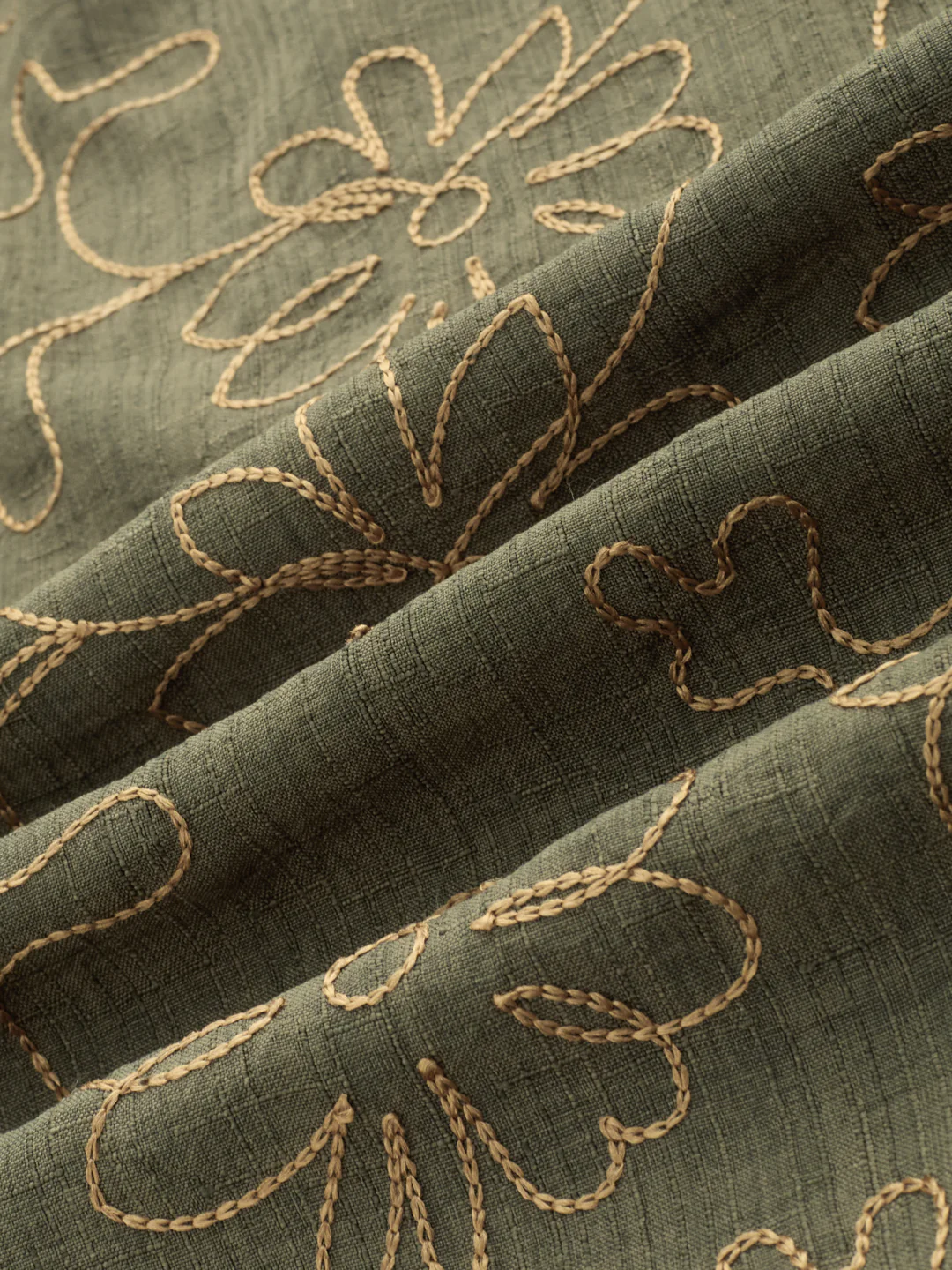 Olive Slub Textured Floral Contrast Embroidered Shirt - Image 3