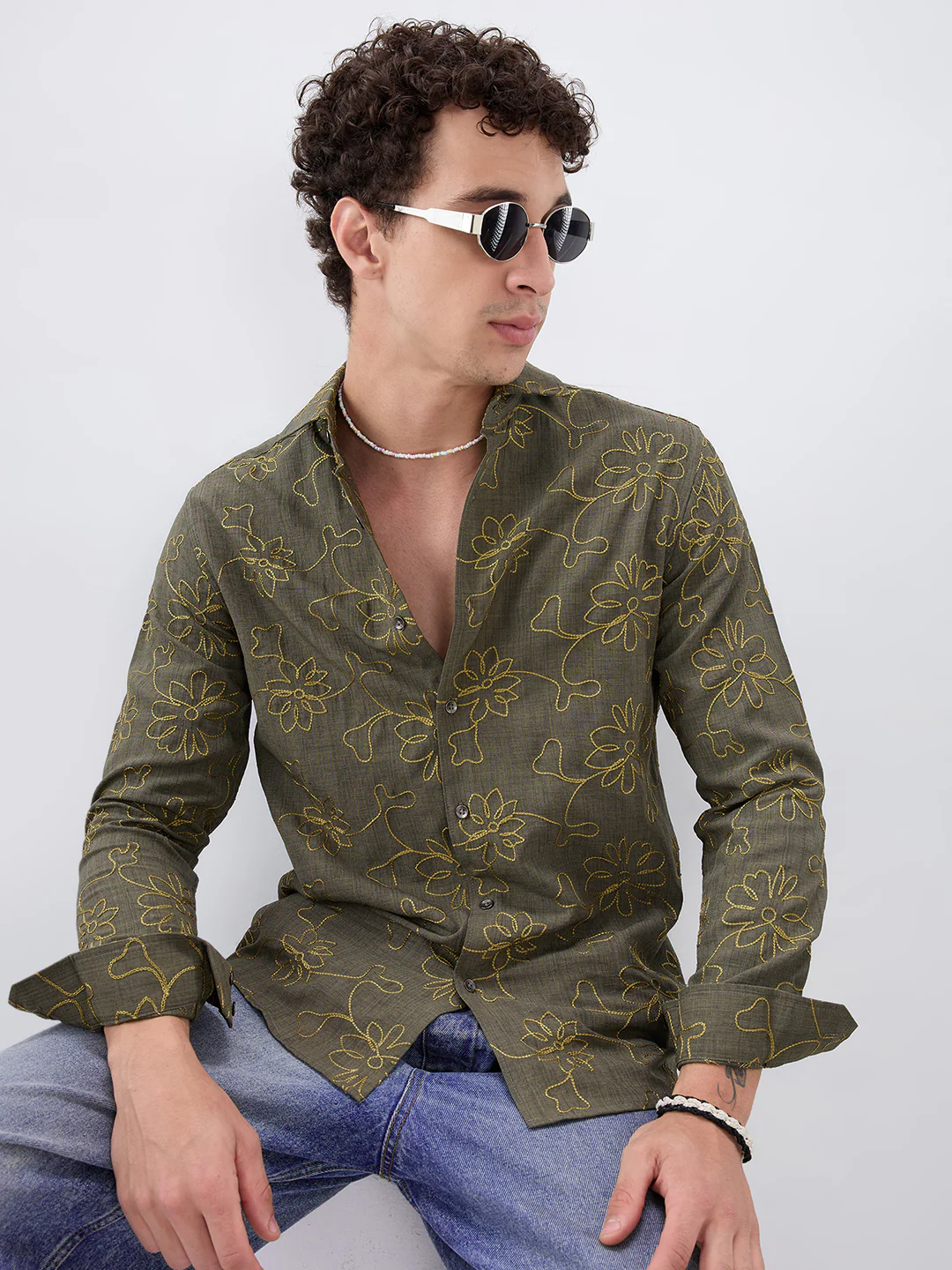 Olive Slub Textured Floral Contrast Embroidered Shirt - Image 4