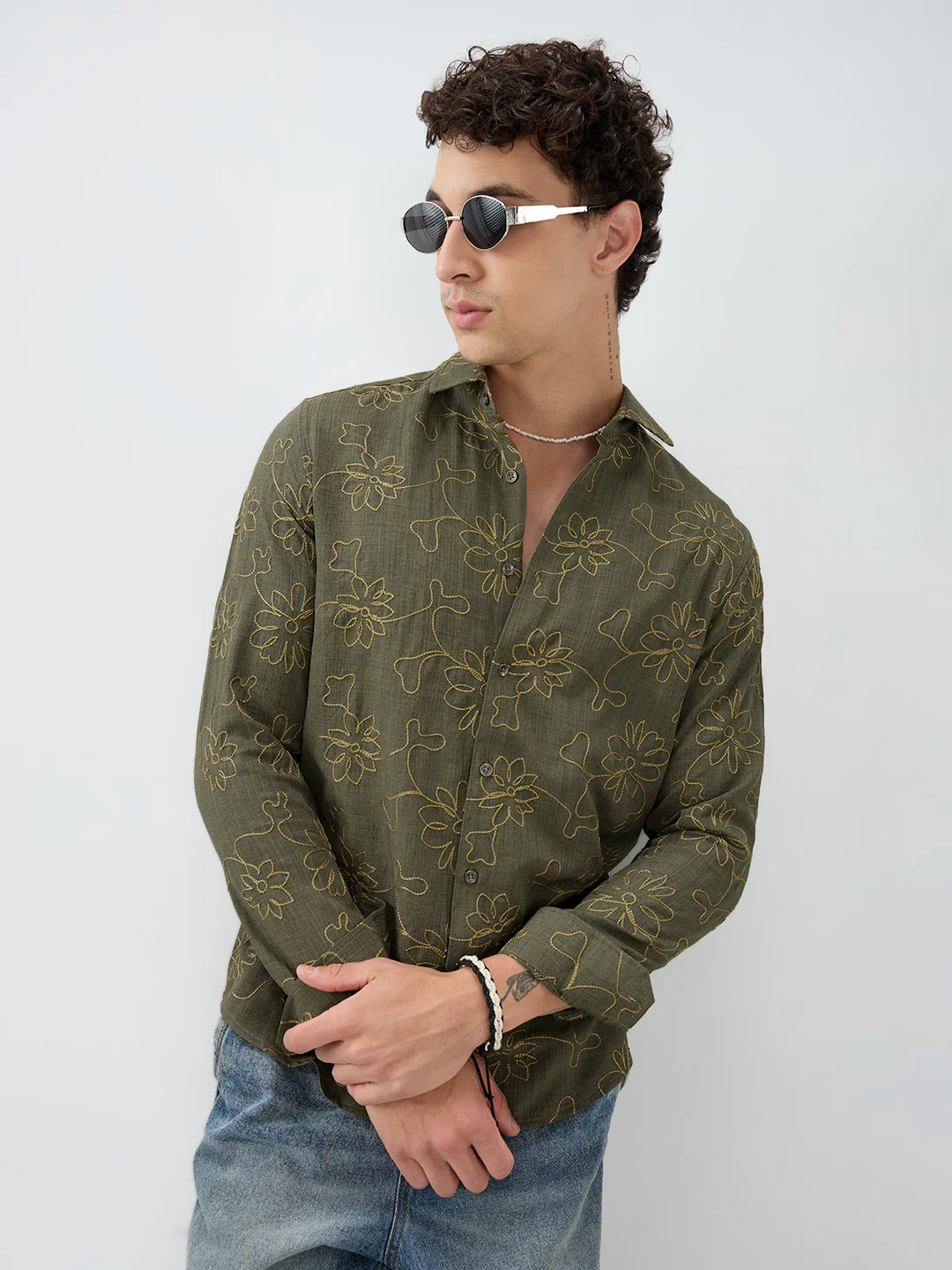Olive Slub Textured Floral Contrast Embroidered Shirt - Image 5