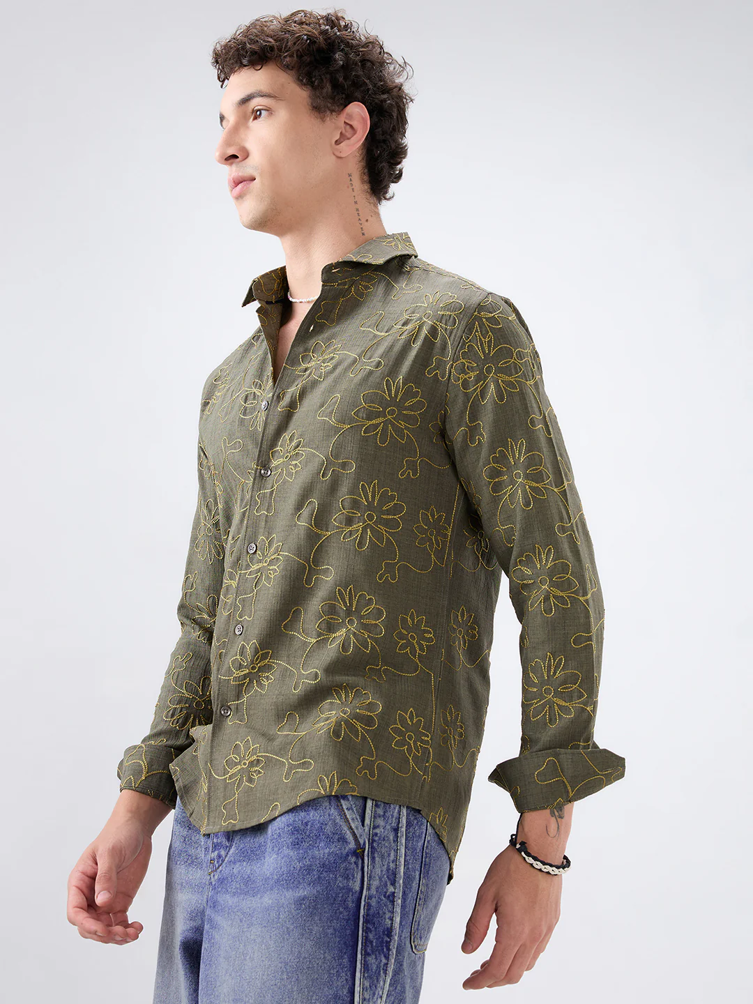 Olive Slub Textured Floral Contrast Embroidered Shirt - Image 6