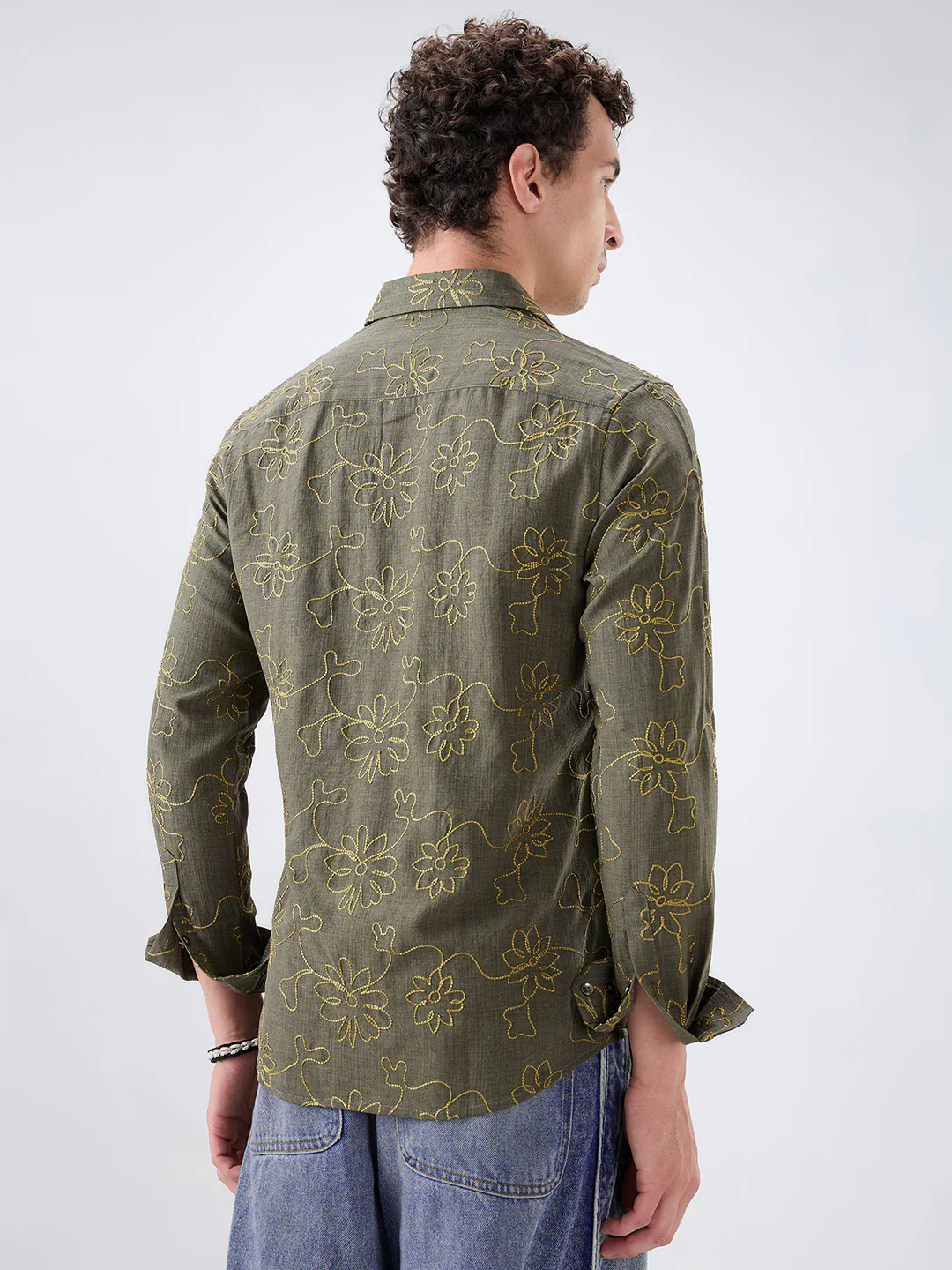Olive Slub Textured Floral Contrast Embroidered Shirt - Image 7