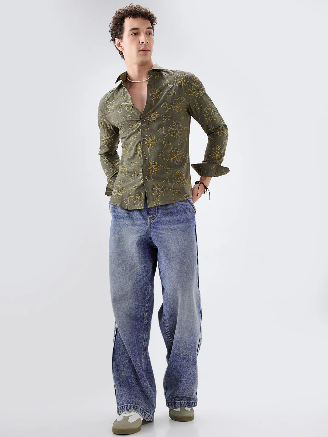 Olive Slub Textured Floral Contrast Embroidered Shirt - Image 8