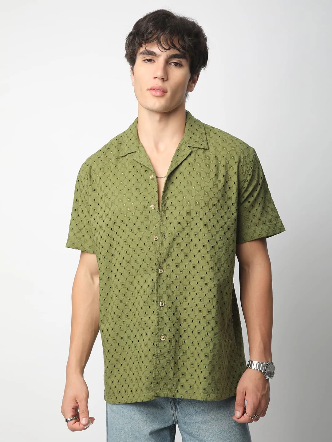 Olive Squarish Schiffli Oversized Shirt - Image 4