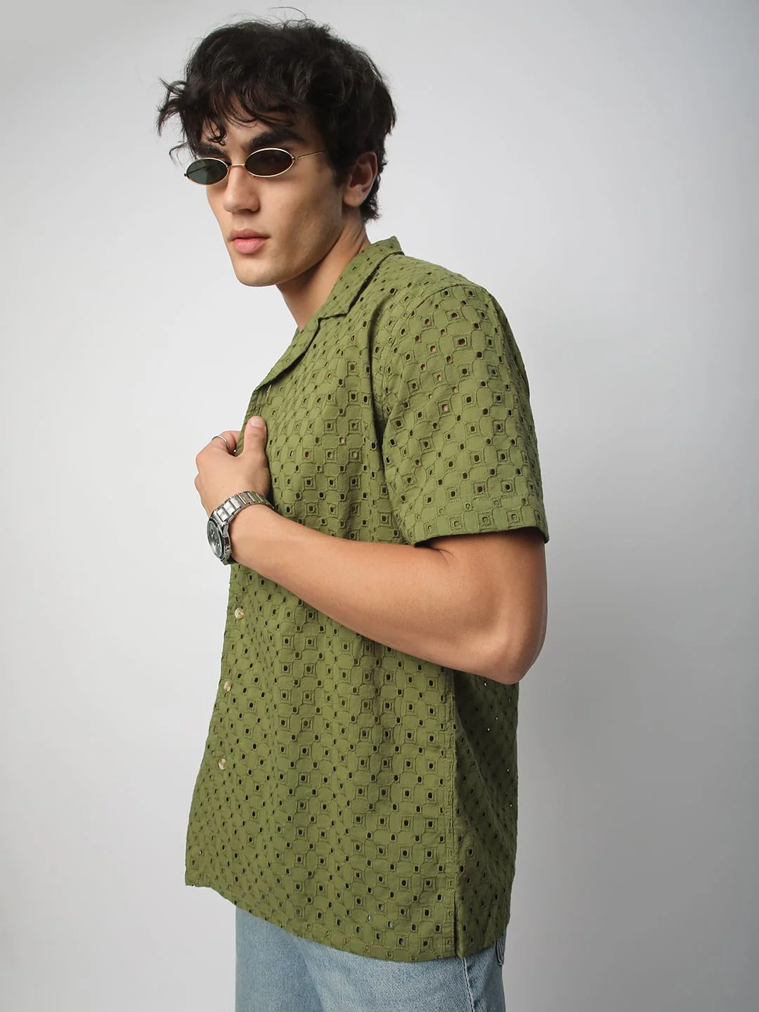 Olive Squarish Schiffli Oversized Shirt - Image 5