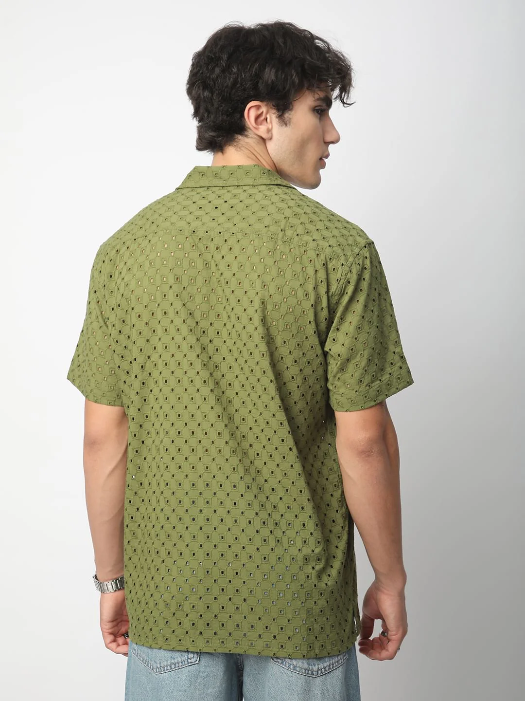 Olive Squarish Schiffli Oversized Shirt - Image 6