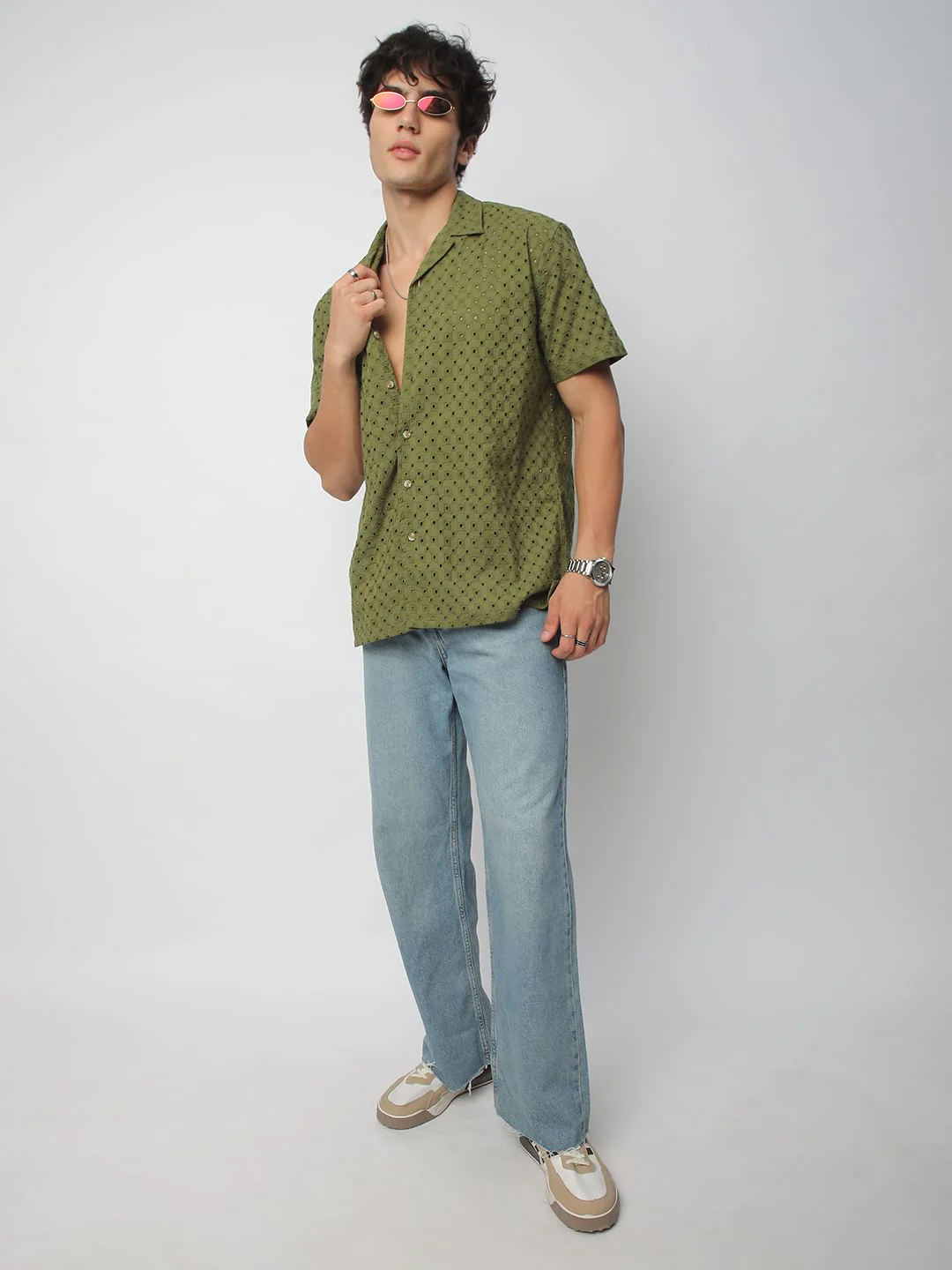 Olive Squarish Schiffli Oversized Shirt - Image 7
