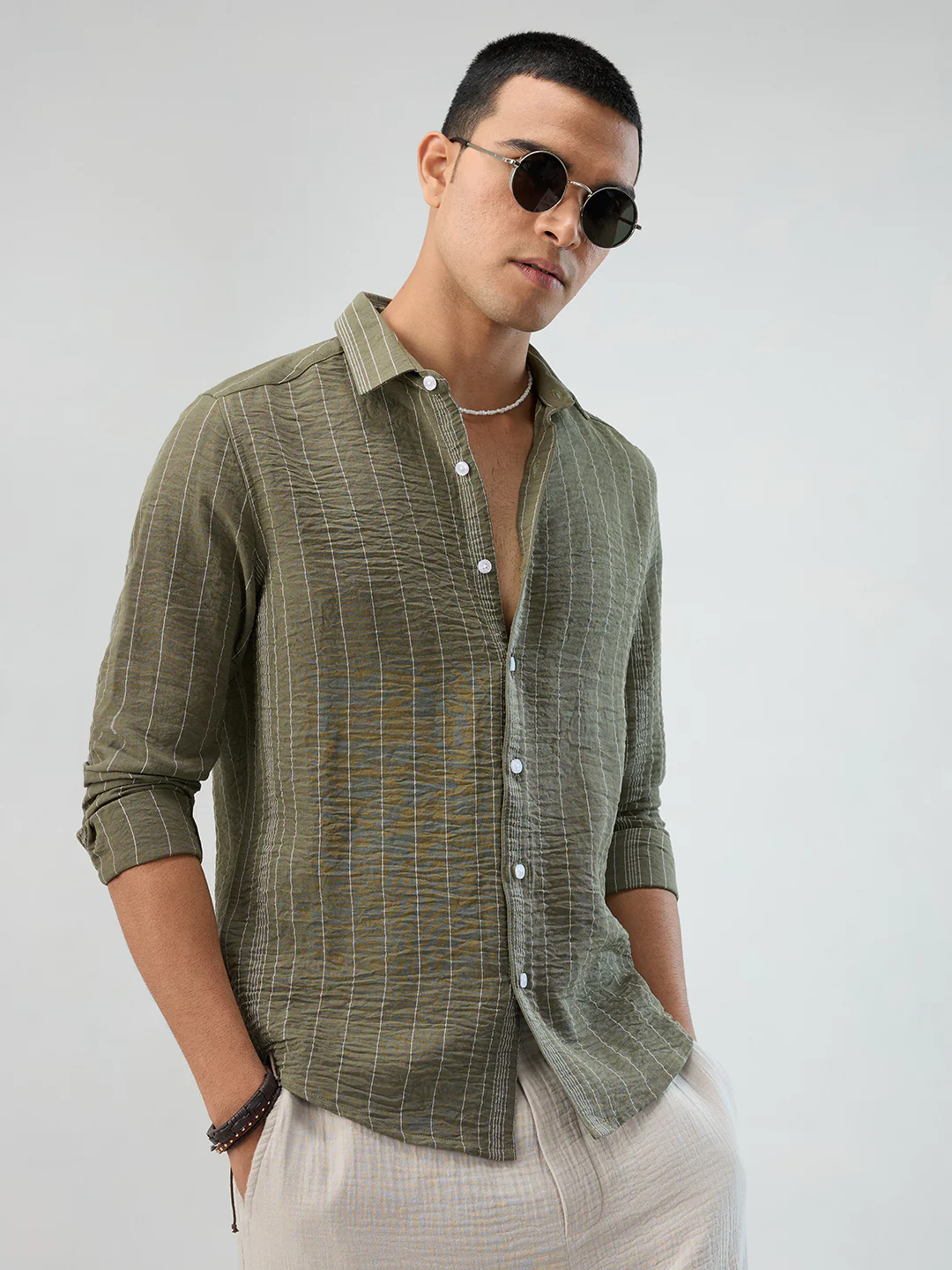 Olive Striped Crinkled Shirt - Image 2