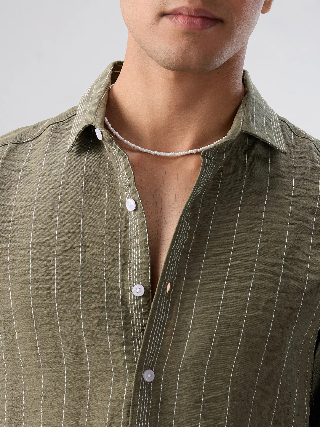 Olive Striped Crinkled Shirt - Image 3