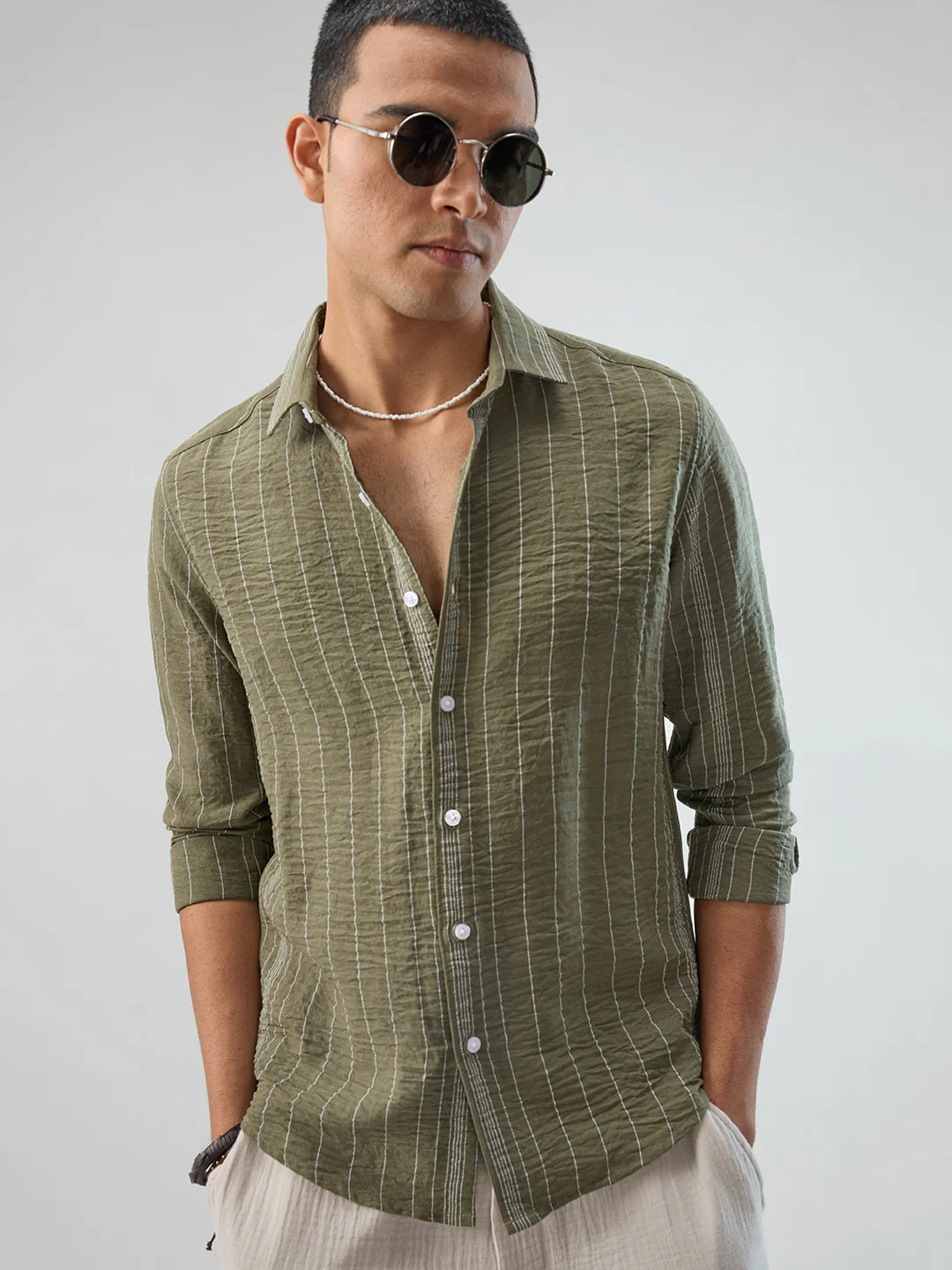 Olive Striped Crinkled Shirt - Image 4