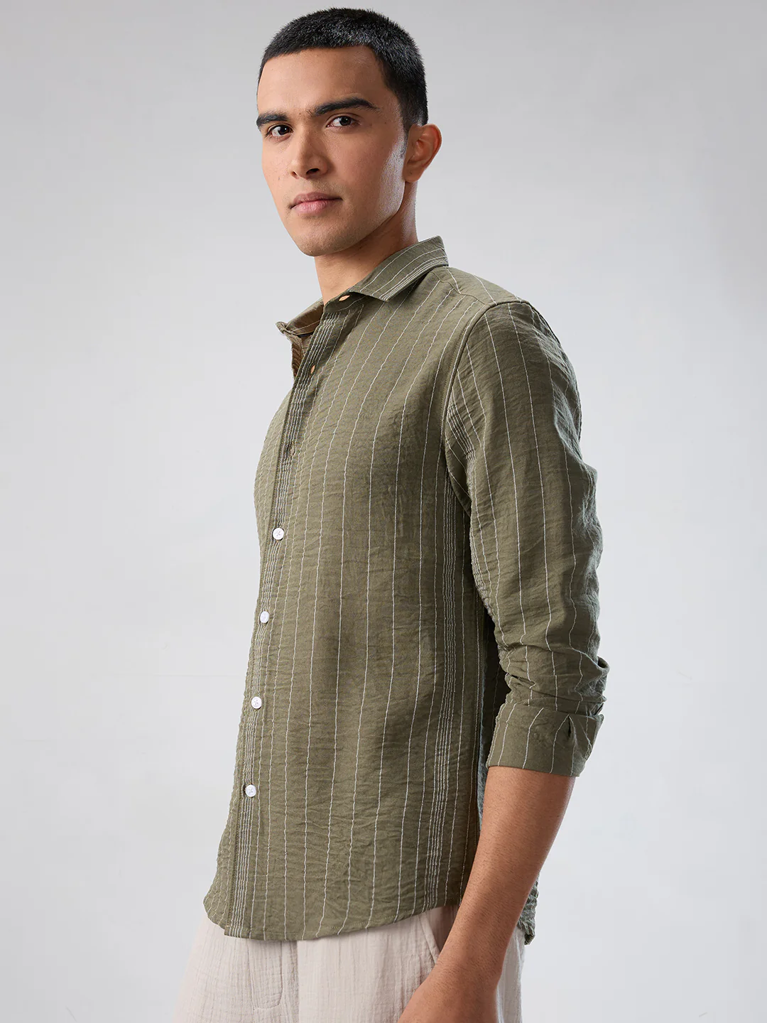 Olive Striped Crinkled Shirt - Image 5