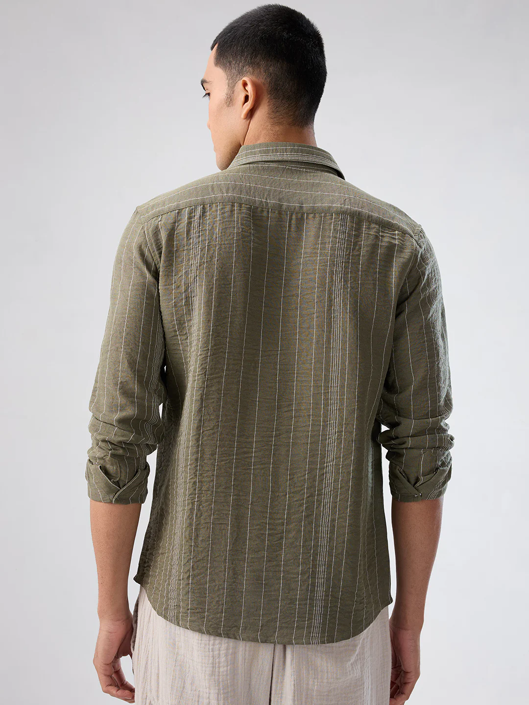 Olive Striped Crinkled Shirt - Image 6
