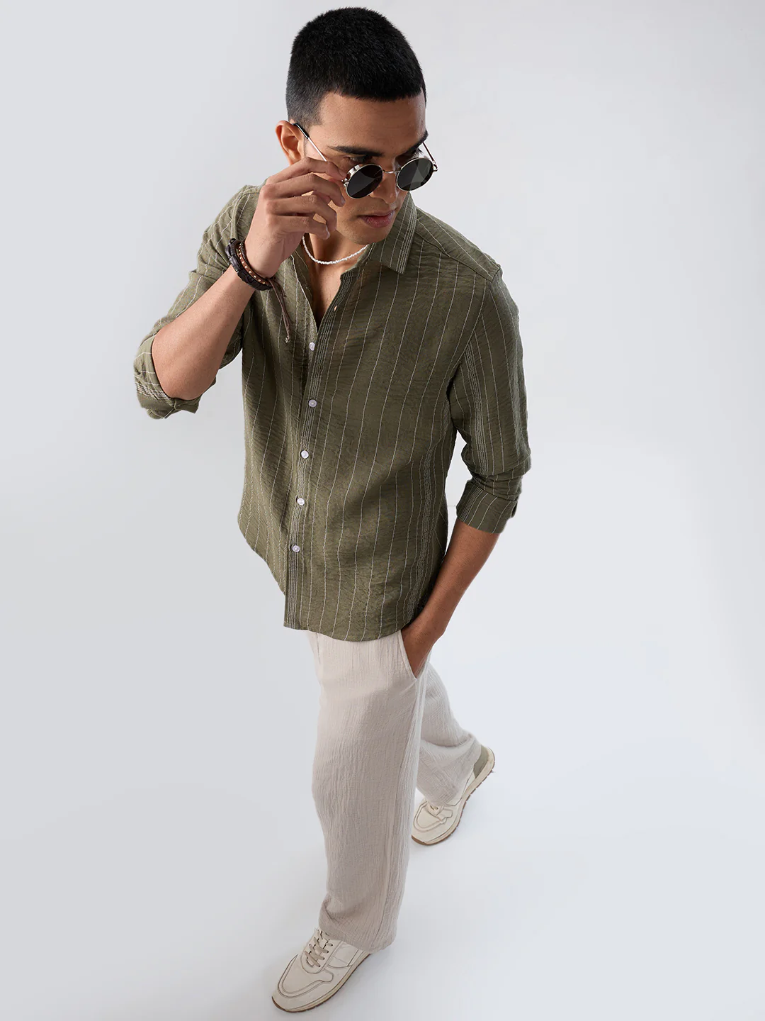 Olive Striped Crinkled Shirt - Image 7