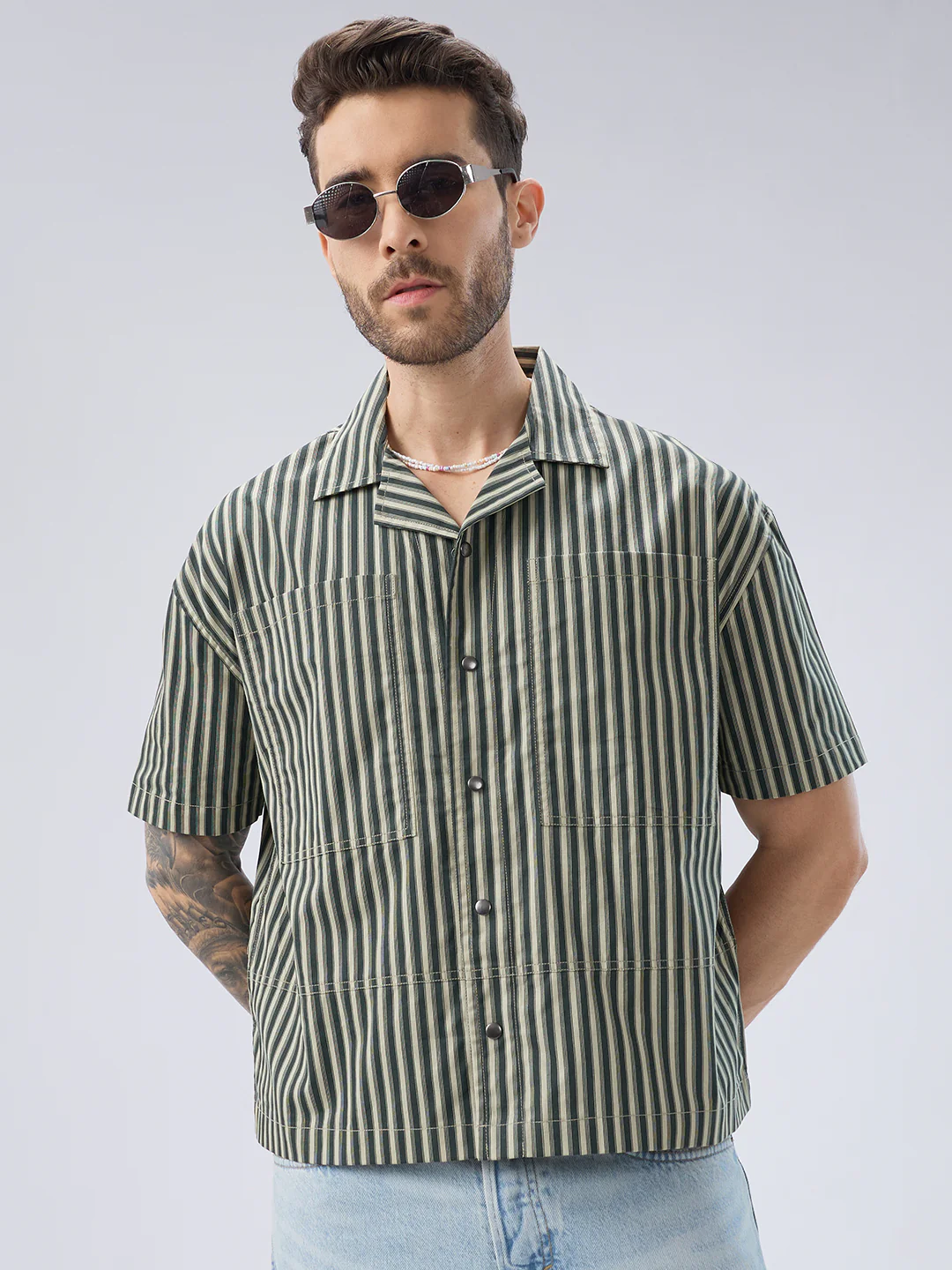 Olive Striped Twin Pocket Oversized Crop Shirt - Image 2
