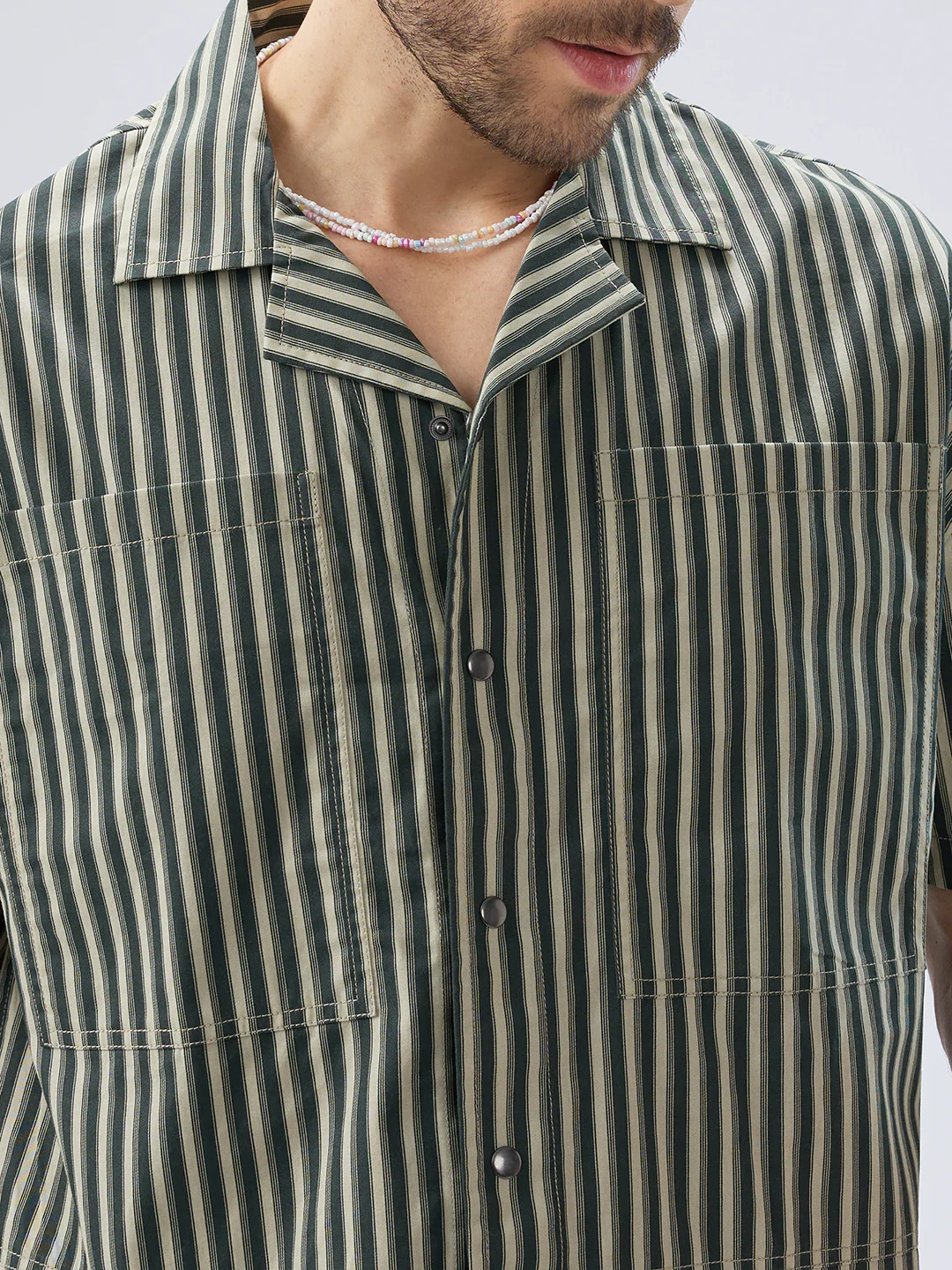 Olive Striped Twin Pocket Oversized Crop Shirt - Image 3