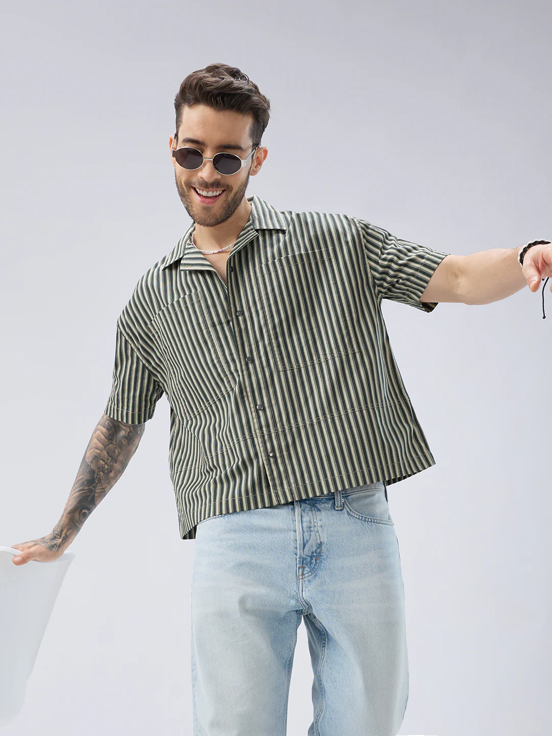 Olive Striped Twin Pocket Oversized Crop Shirt - Image 4