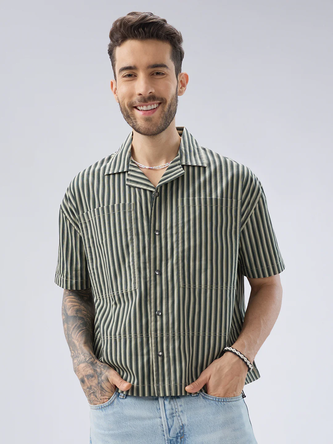 Olive Striped Twin Pocket Oversized Crop Shirt - Image 5