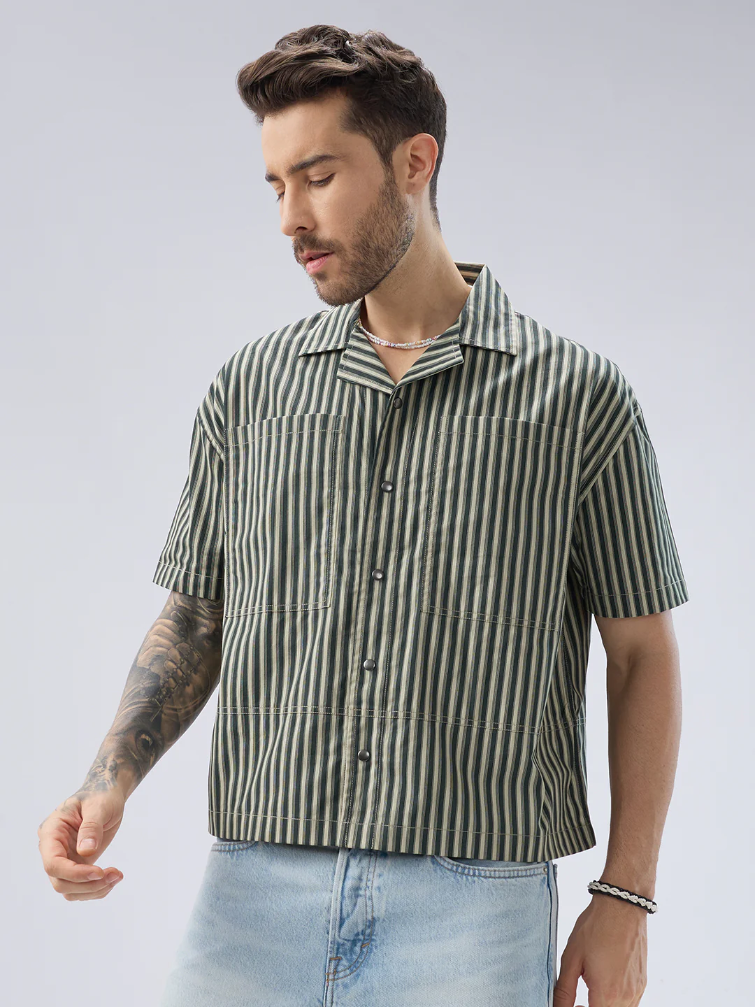 Olive Striped Twin Pocket Oversized Crop Shirt - Image 6