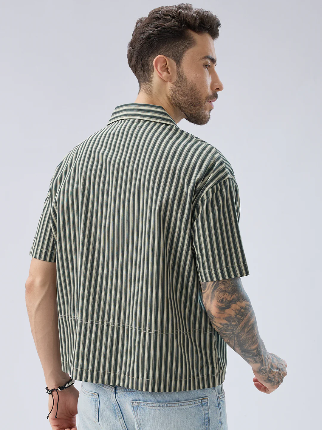 Olive Striped Twin Pocket Oversized Crop Shirt - Image 7