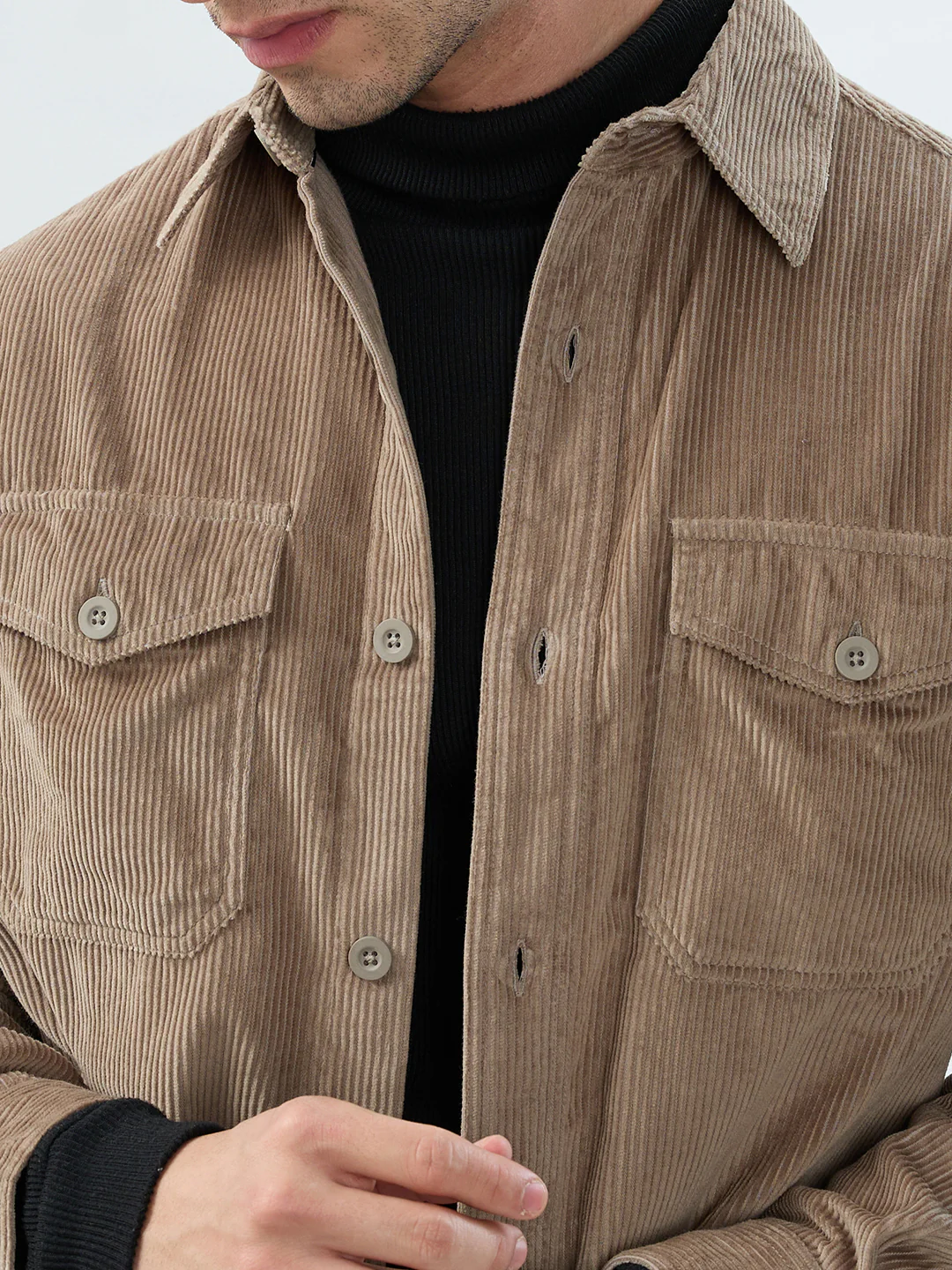 Olive Structured Corduroy Double Pocket Overshirt - Image 3