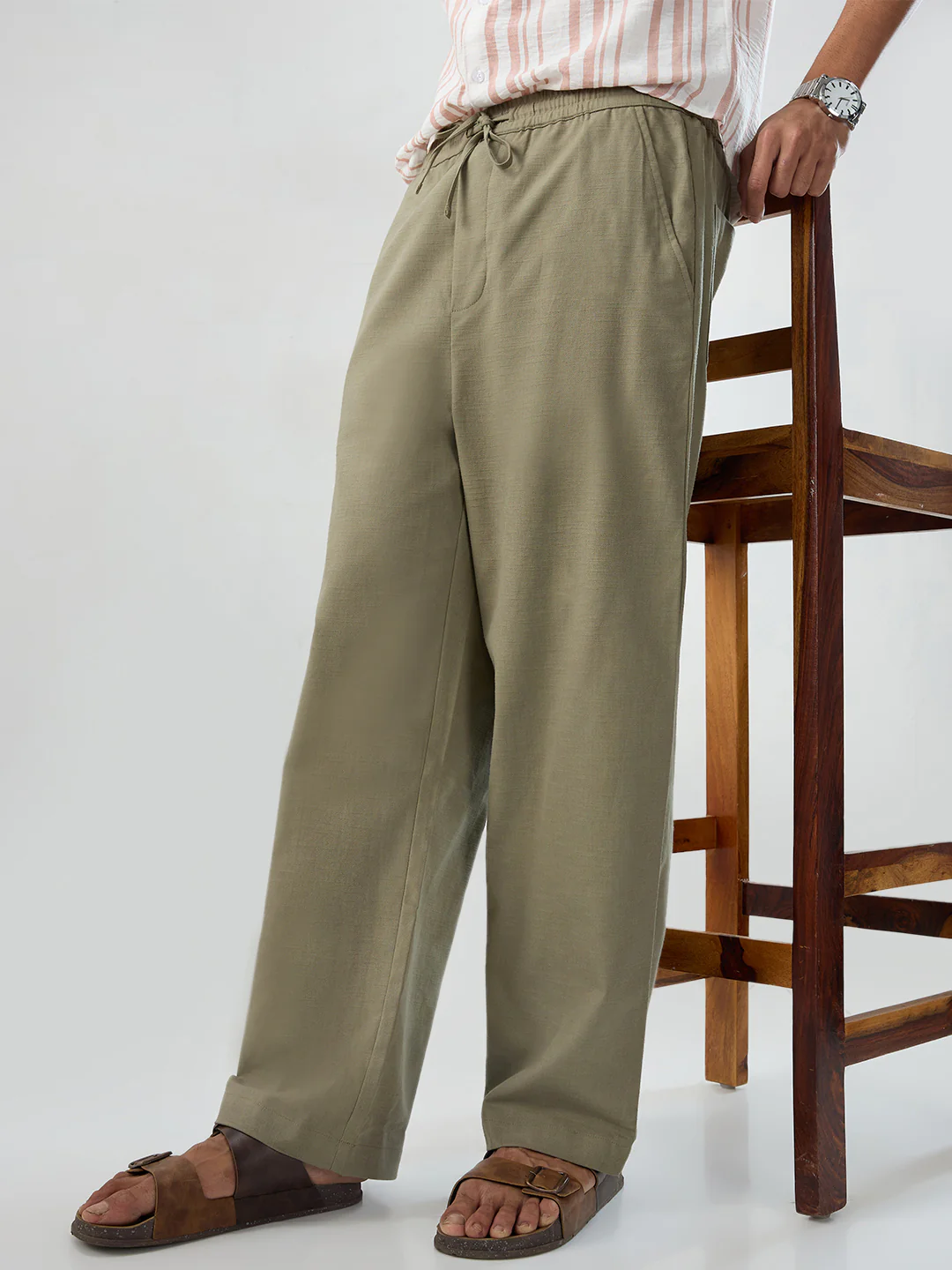 Olive Subtle HerrigboneTextured Straight-Fit Trousers - Image 2
