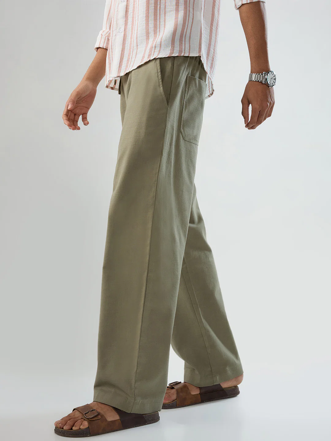 Olive Subtle HerrigboneTextured Straight-Fit Trousers - Image 6
