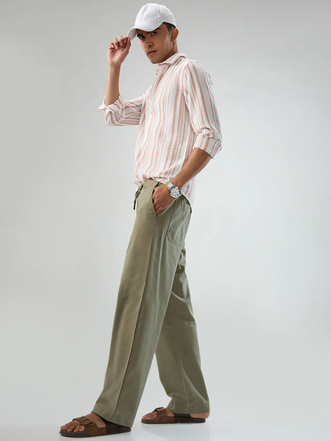Olive Subtle HerrigboneTextured Straight-Fit Trousers - Image 8